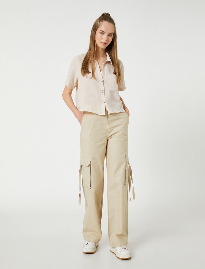  Crop Gömlek Kısa Kollu Cep Detaylı Düğmeli