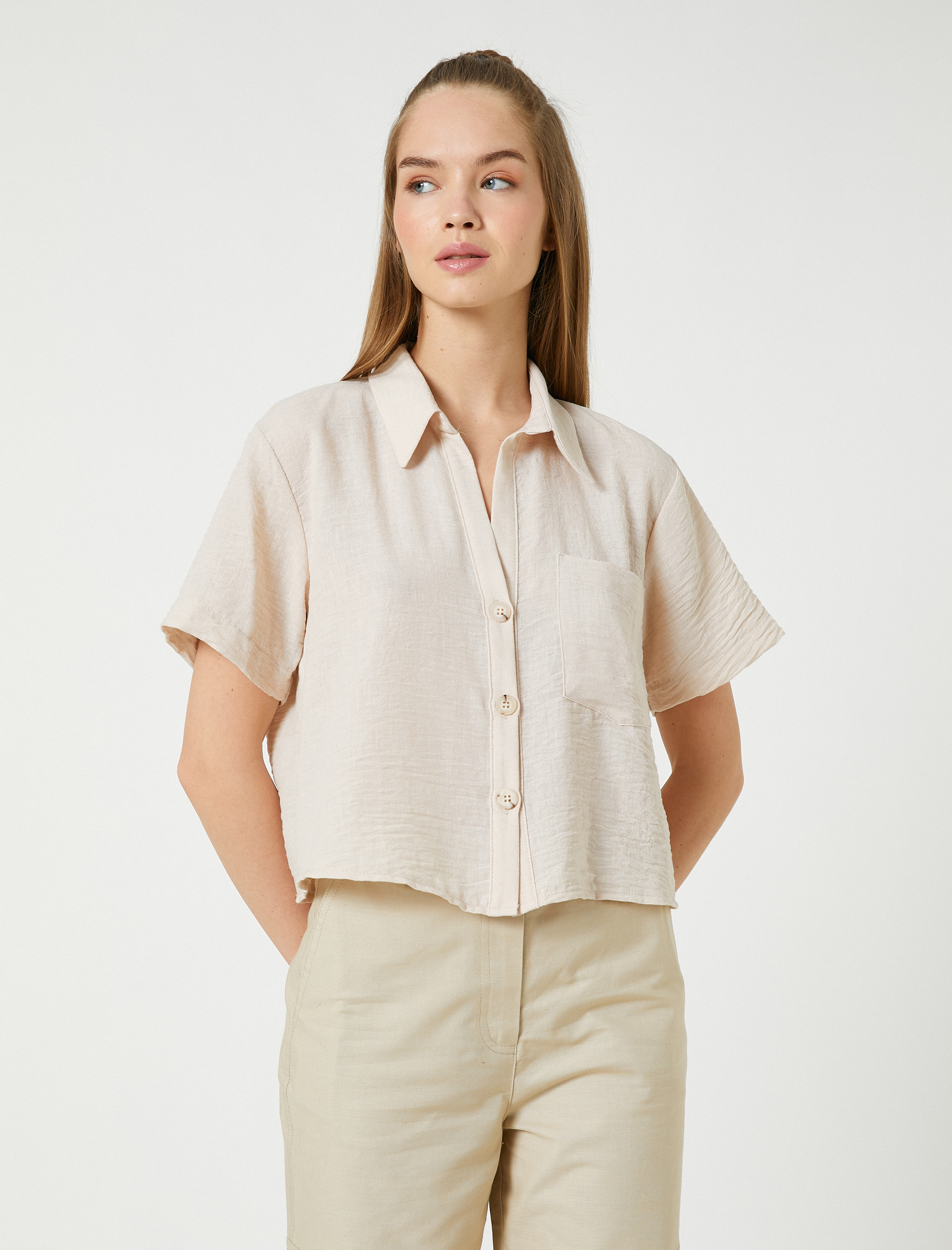   Crop Gömlek Kısa Kollu Cep Detaylı Düğmeli