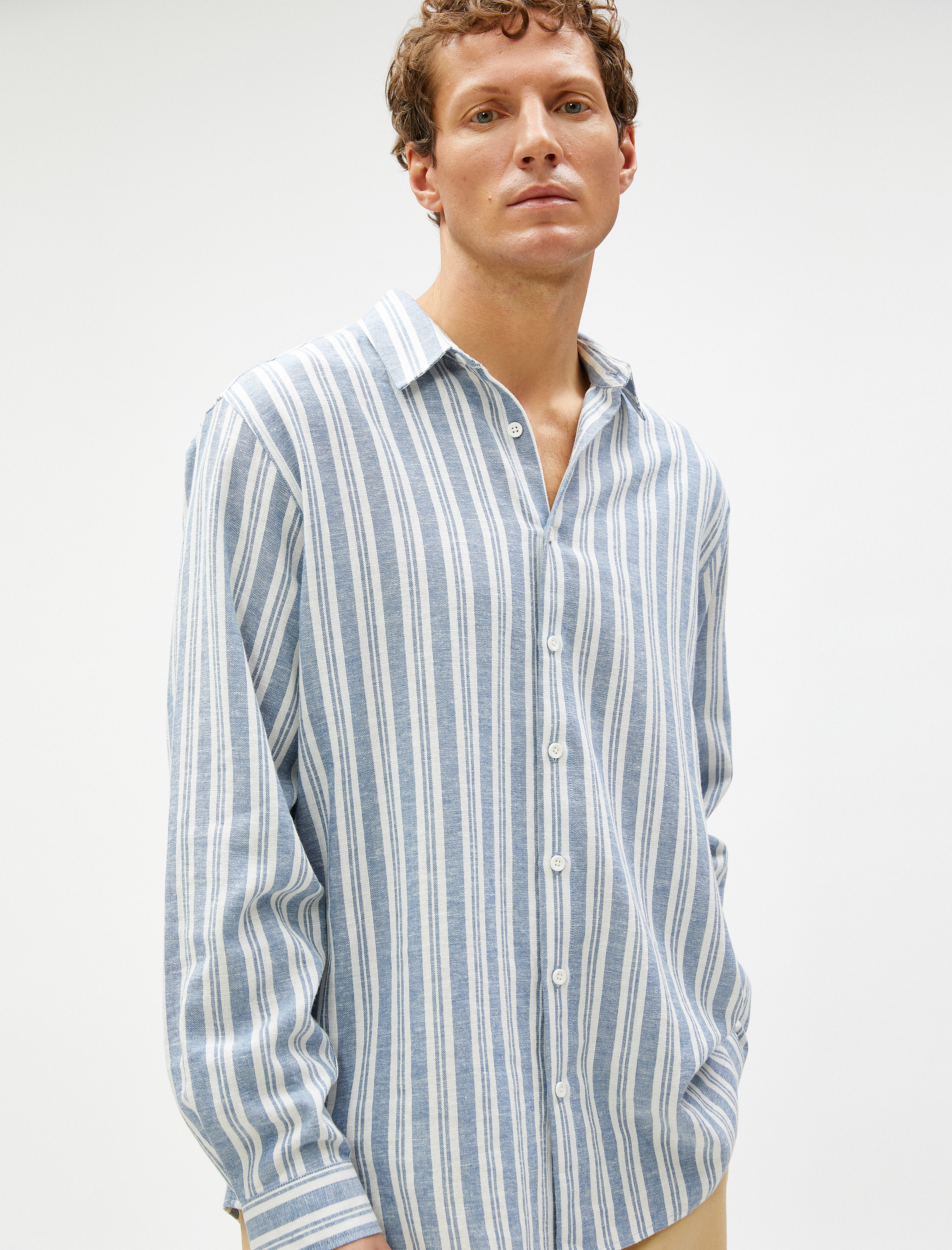   Keten Karışım Gömlek Klasik Yaka Uzun Kollu