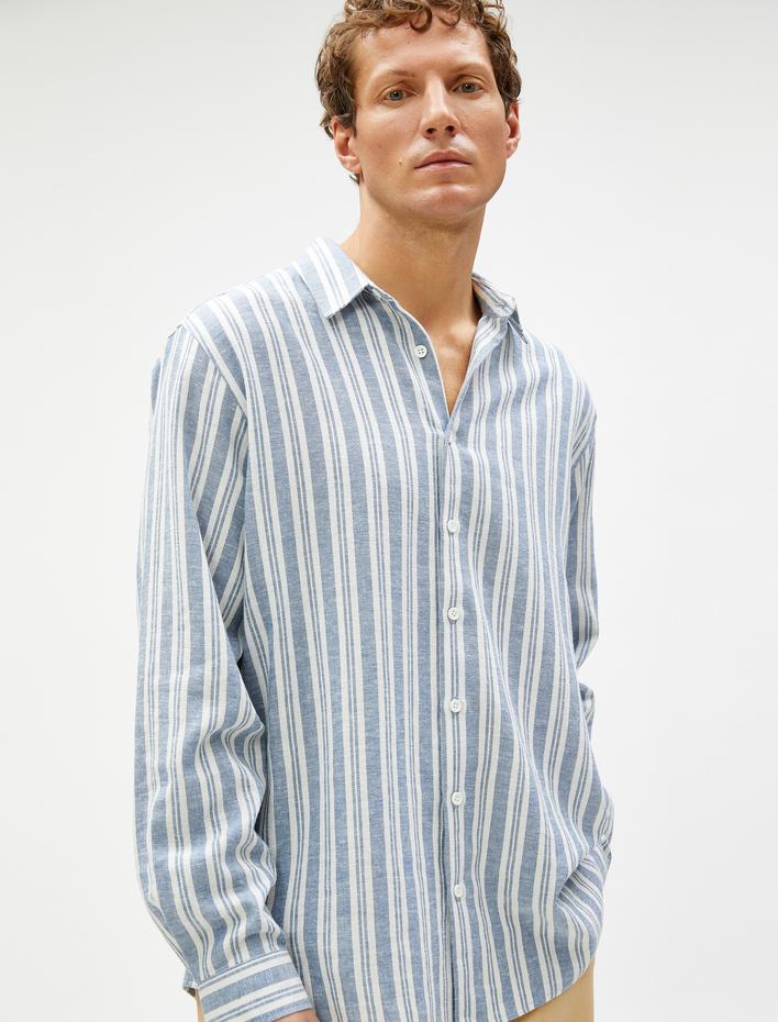  Keten Karışım Gömlek Klasik Yaka Uzun Kollu