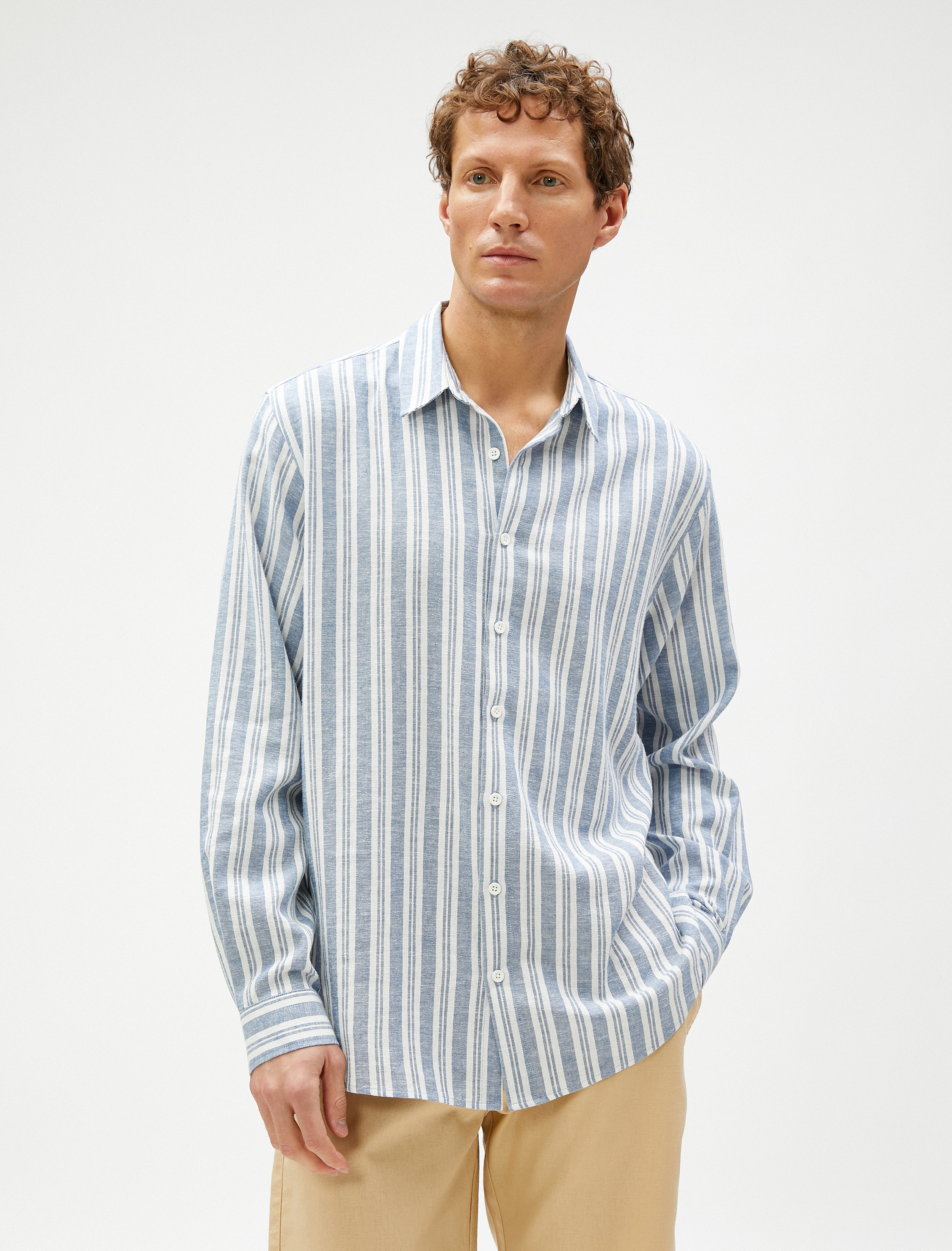   Keten Karışım Gömlek Klasik Yaka Uzun Kollu