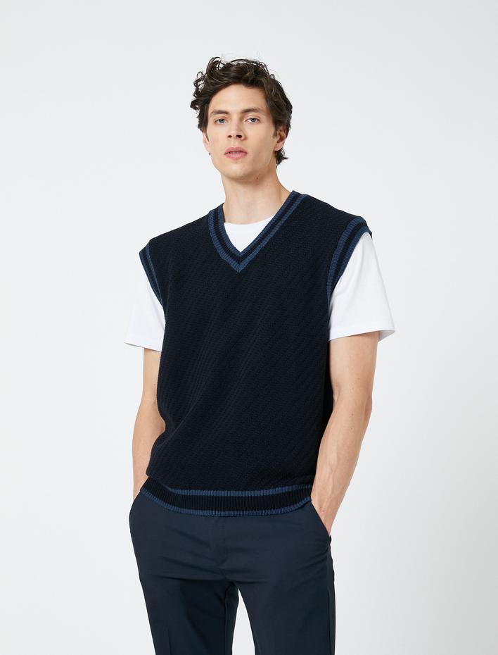  V Yaka Örgü Süveter Kolsuz Dokulu