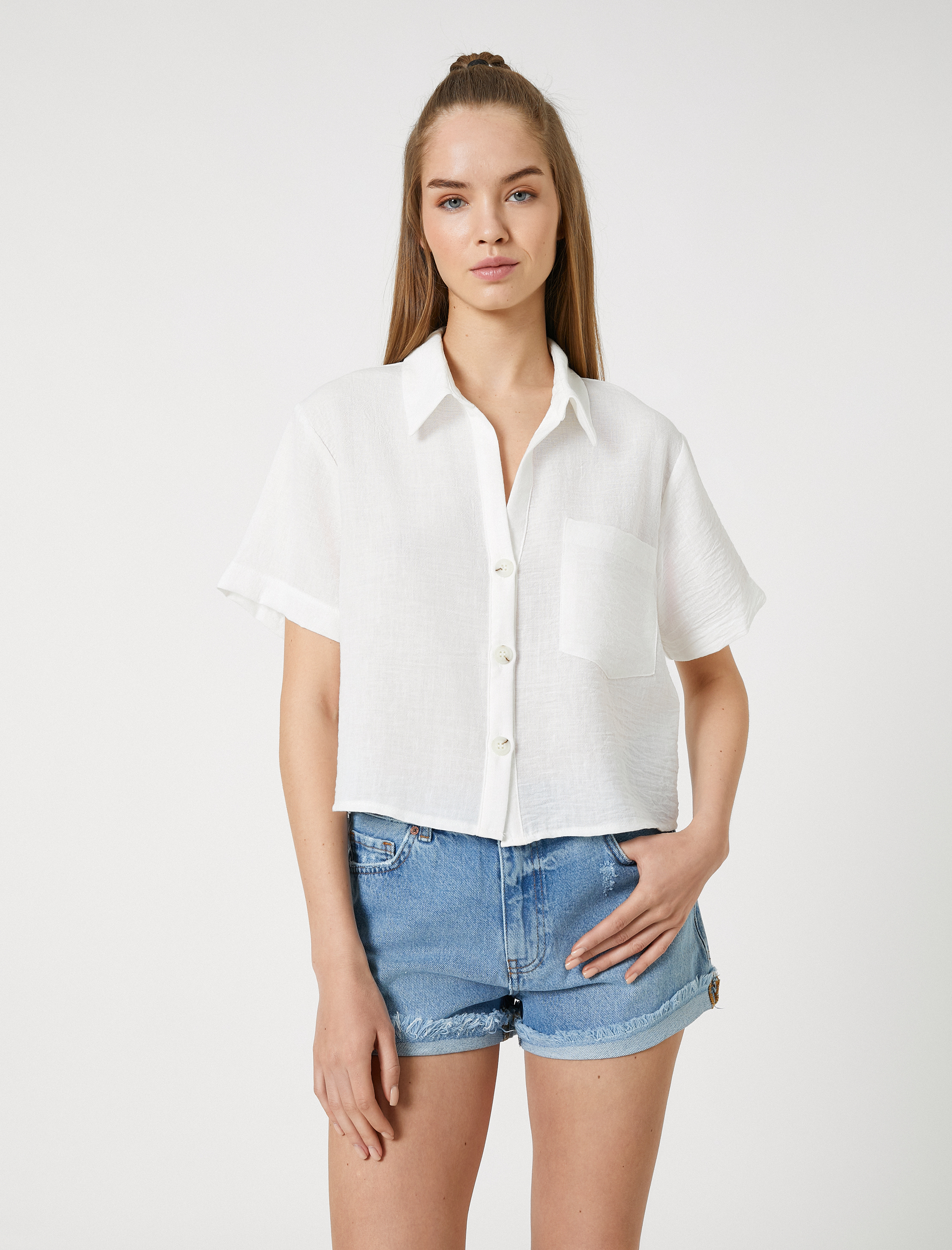   Crop Gömlek Kısa Kollu Cep Detaylı Düğmeli