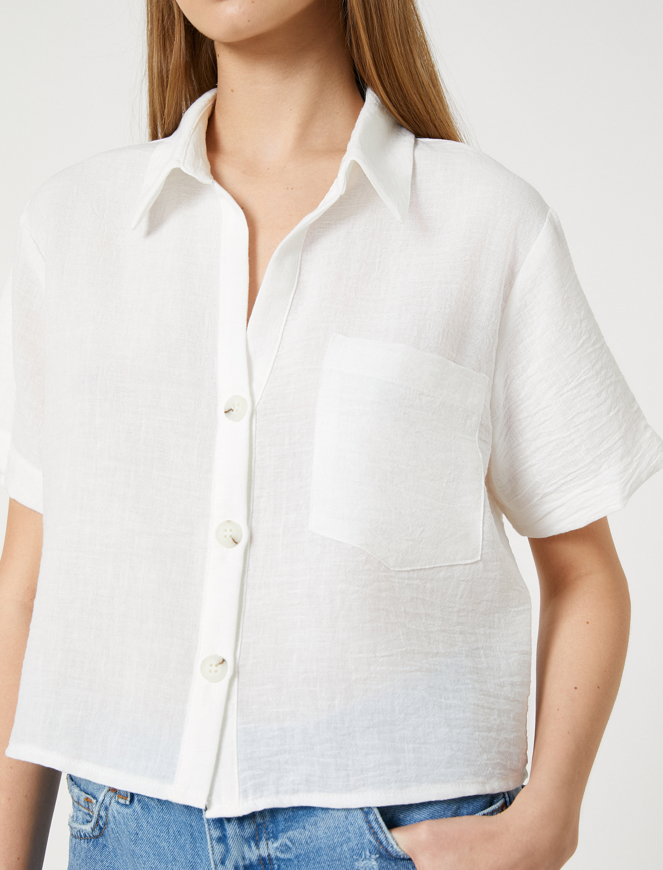   Crop Gömlek Kısa Kollu Cep Detaylı Düğmeli