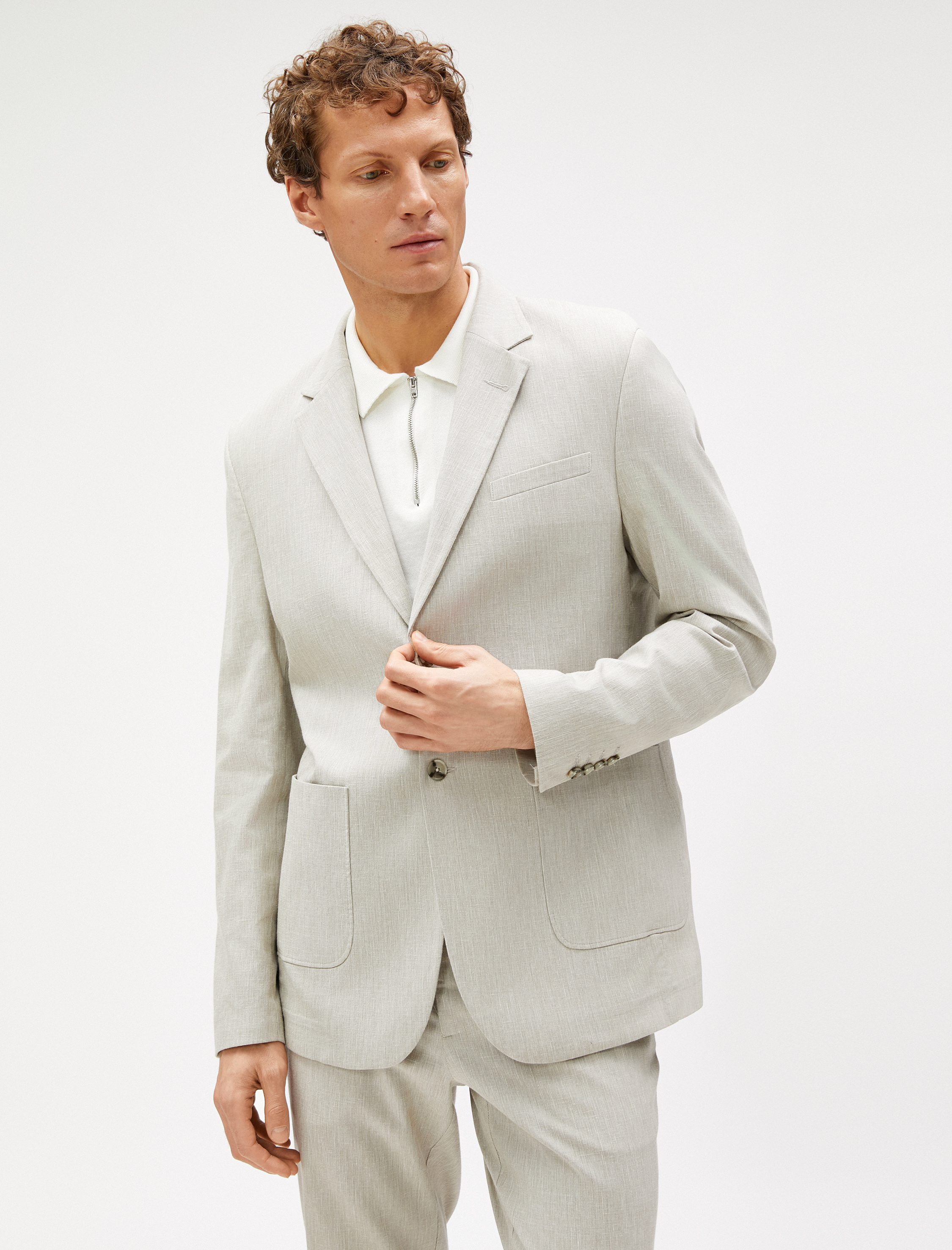   Yazlık Ceket Blazer Keten Karışımlı Cep Detaylı Düğmeli