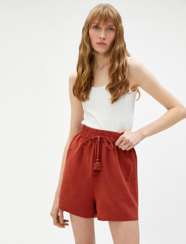  Keten Karışımlı Şort Cepli Beli Bağlamalı