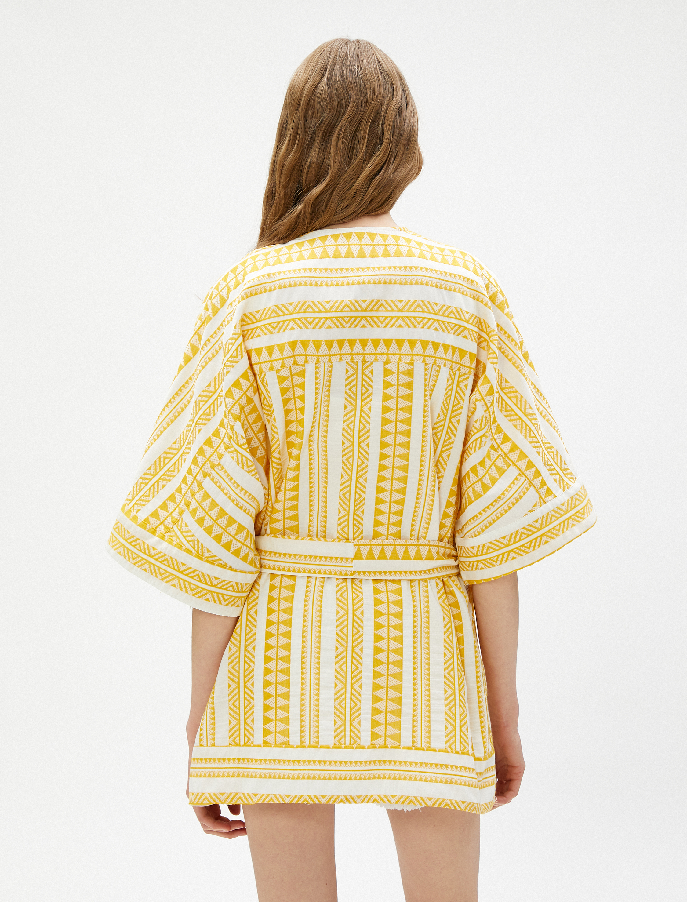   Etnik Desenli Kimono Kuşaklı Kısa Kollu