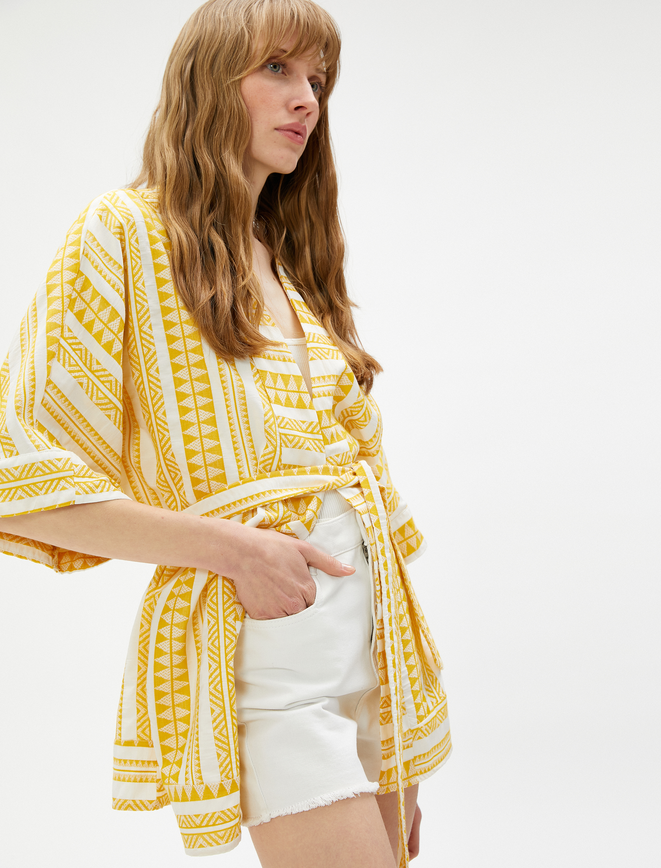   Etnik Desenli Kimono Kuşaklı Kısa Kollu