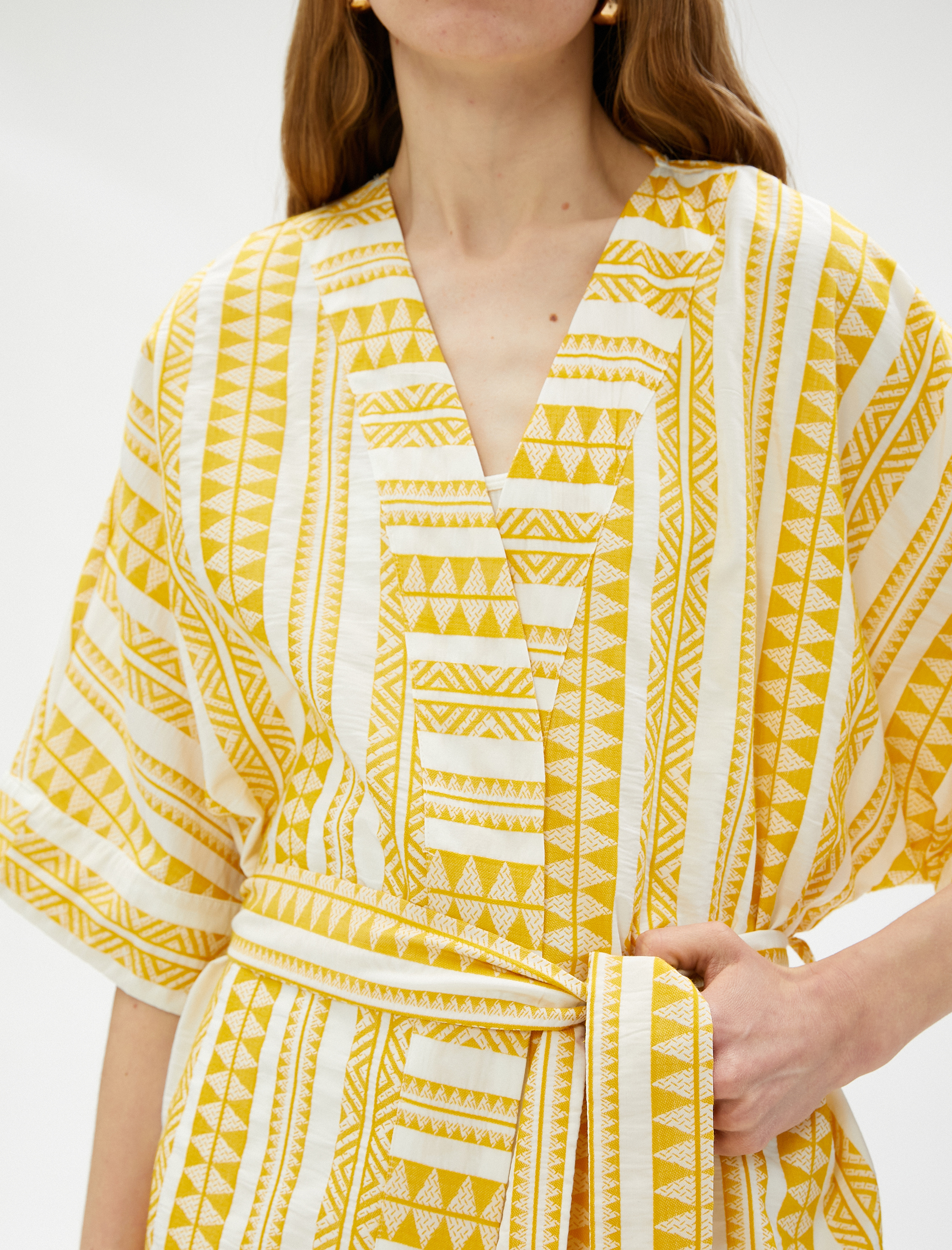   Etnik Desenli Kimono Kuşaklı Kısa Kollu