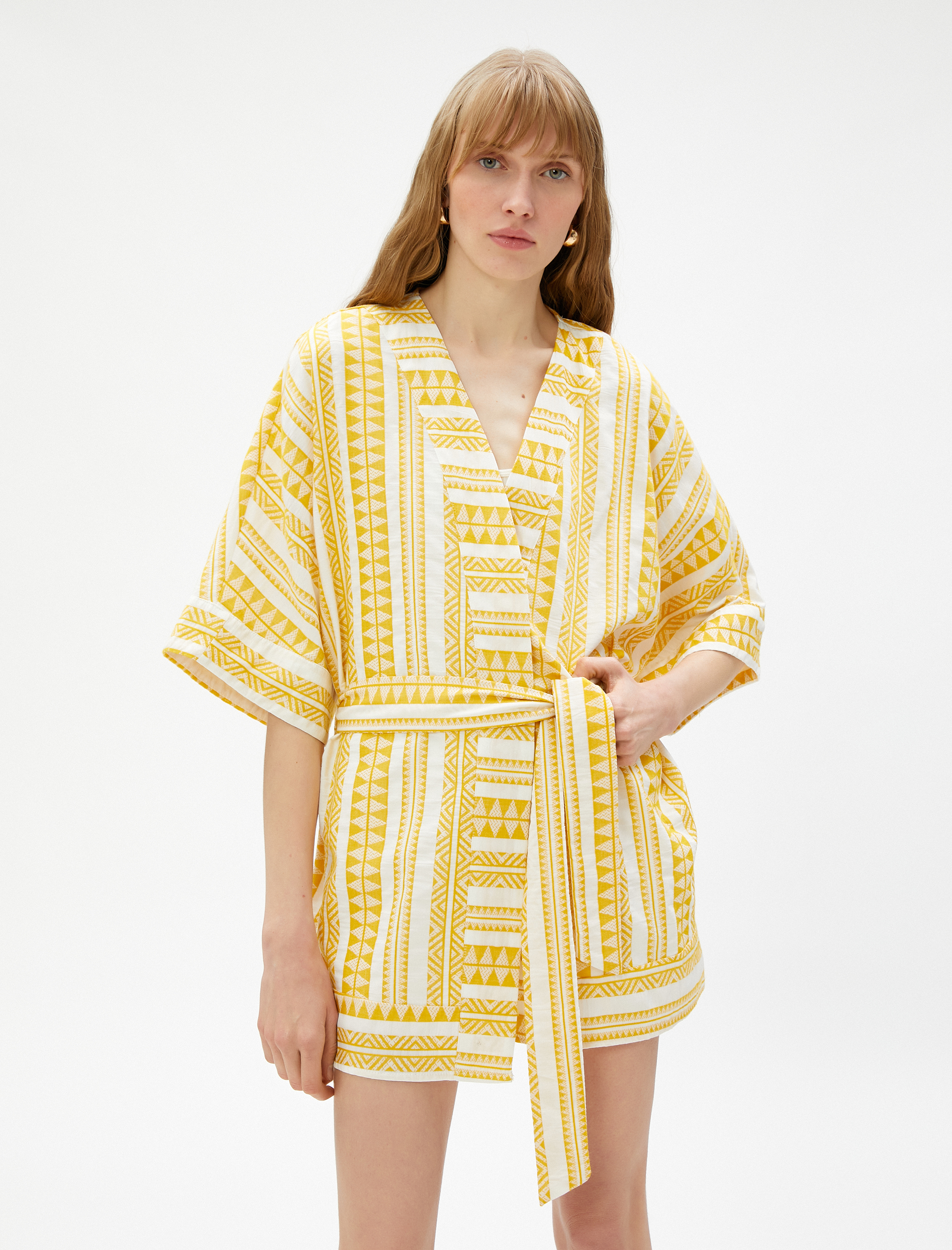   Etnik Desenli Kimono Kuşaklı Kısa Kollu