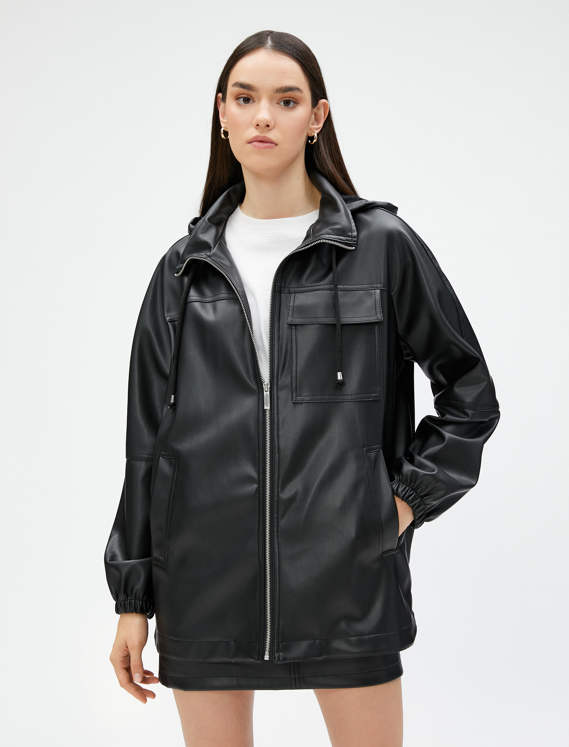   Suni Deri Yağmurluk Gizlenebilir Kapüşonlu