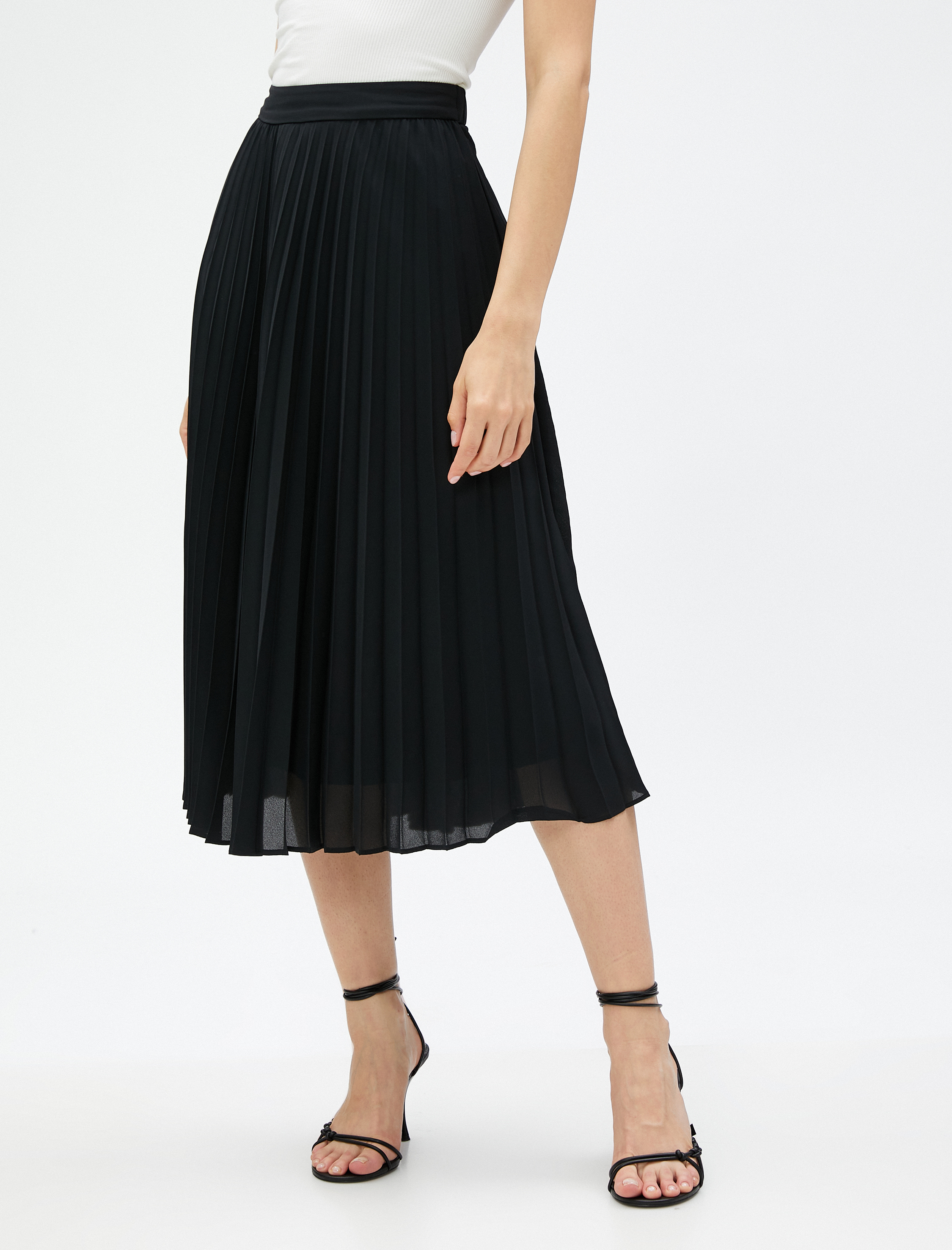   Pileli Etek Midi Boy Şifon Beli Lastikli