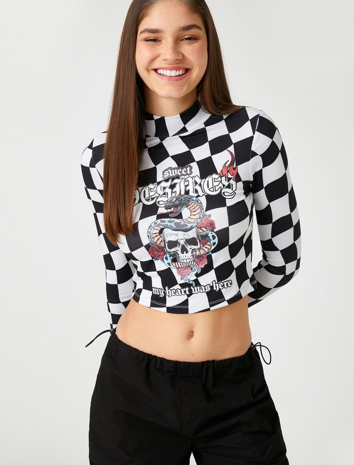  Uzun Kollu Tişört Crop Dik Yaka Damalı Baskılı