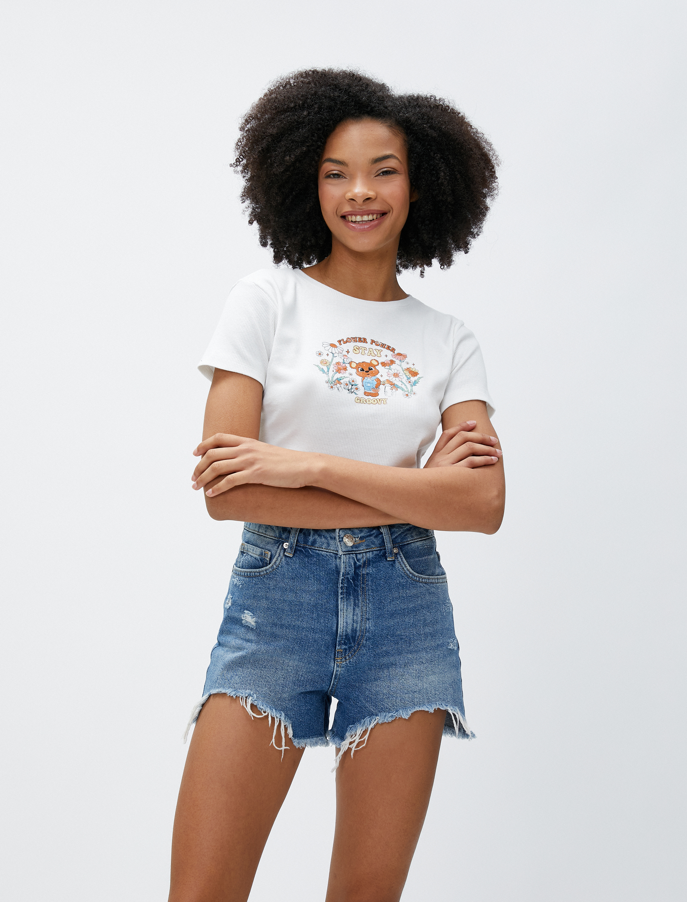   Crop Tişört Fitilli Baskılı Kısa Kollu Bisiklet Yaka