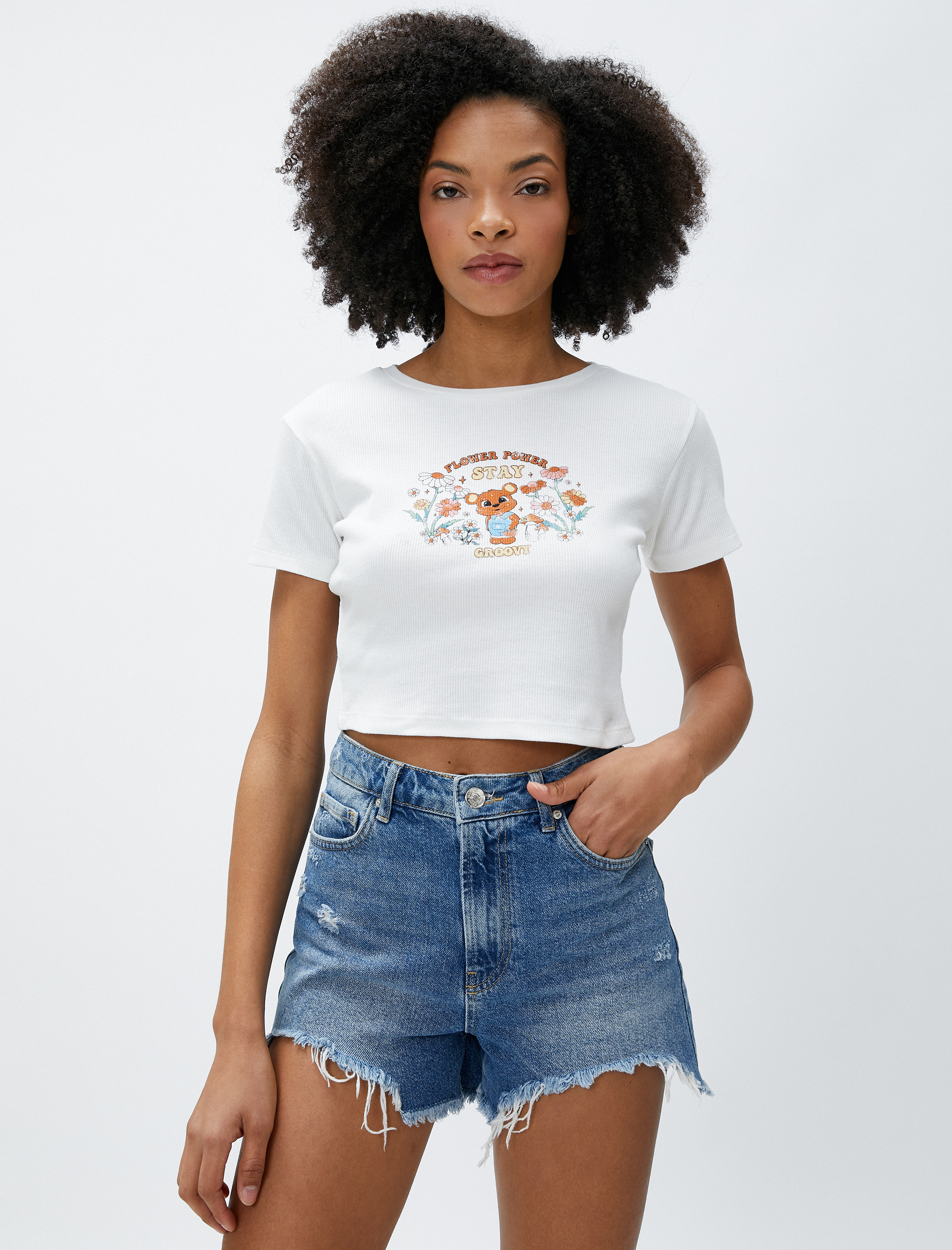   Crop Tişört Fitilli Baskılı Kısa Kollu Bisiklet Yaka