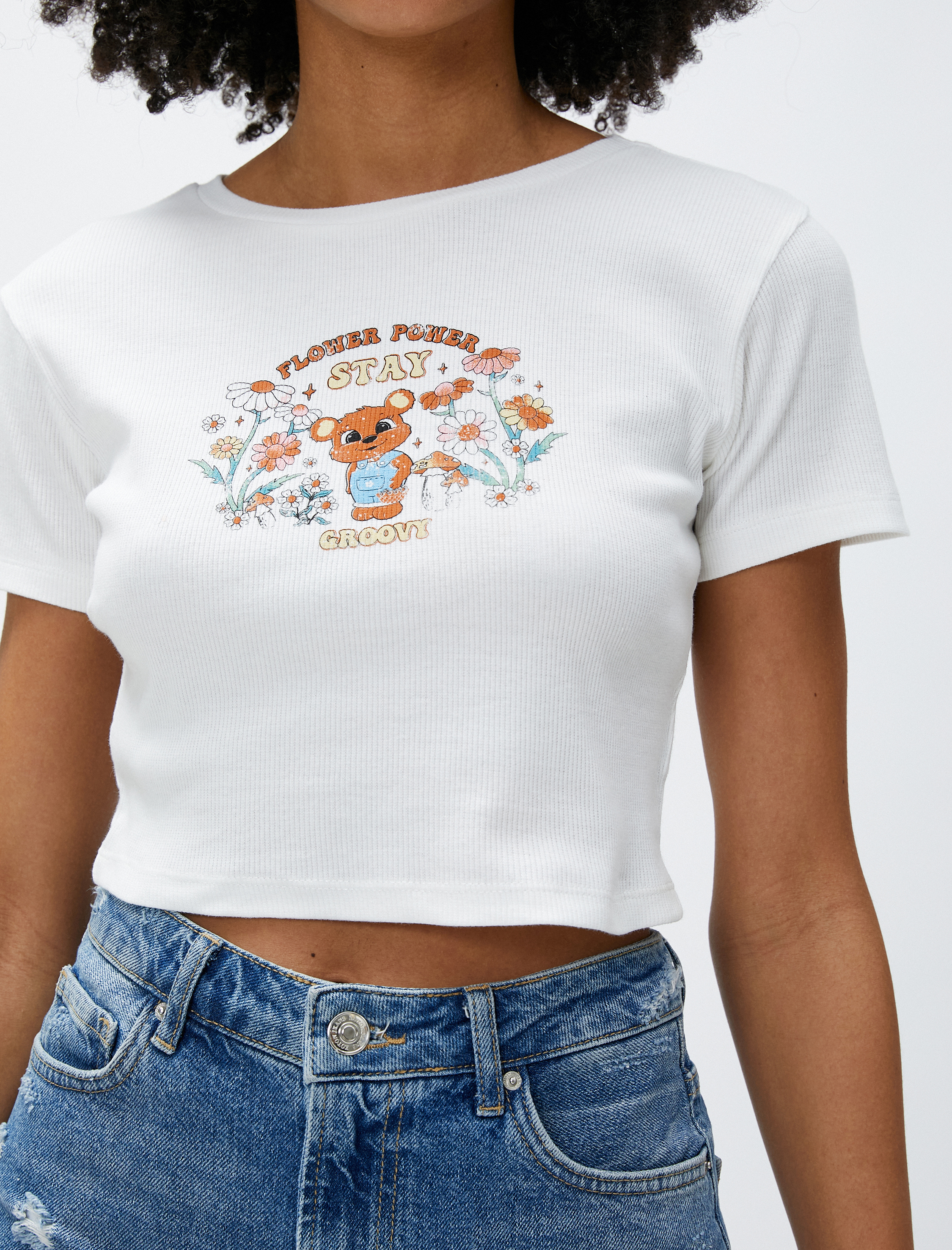   Crop Tişört Fitilli Baskılı Kısa Kollu Bisiklet Yaka