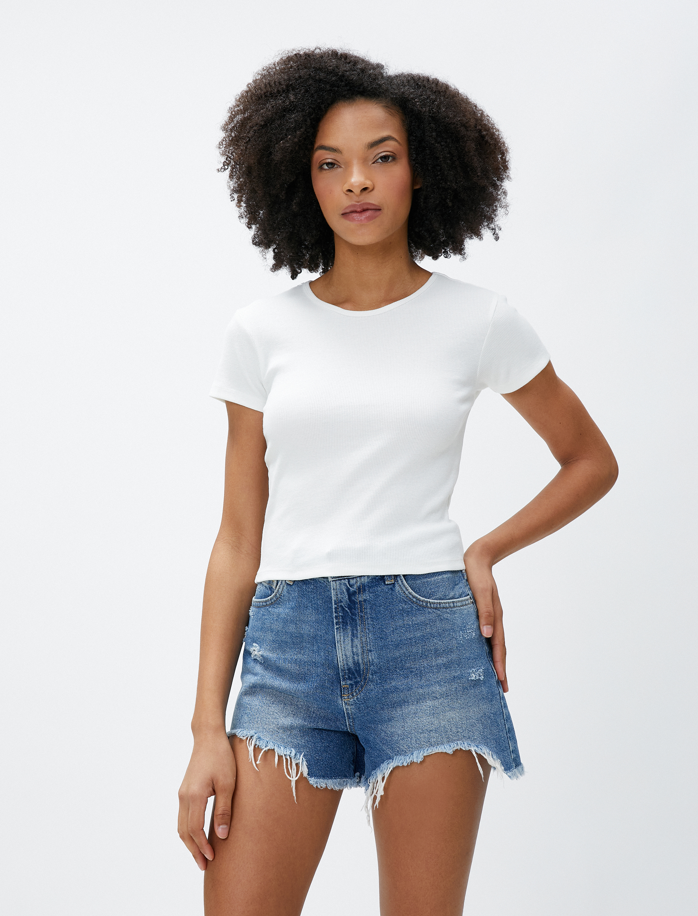   Basic Tişört Kısa Kollu Bisiklet Yaka Fitilli Pamuklu