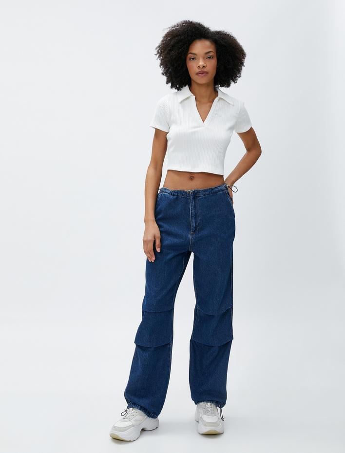  Polo Yaka Tişört Crop Kısa Kollu Dokulu Pamuklu