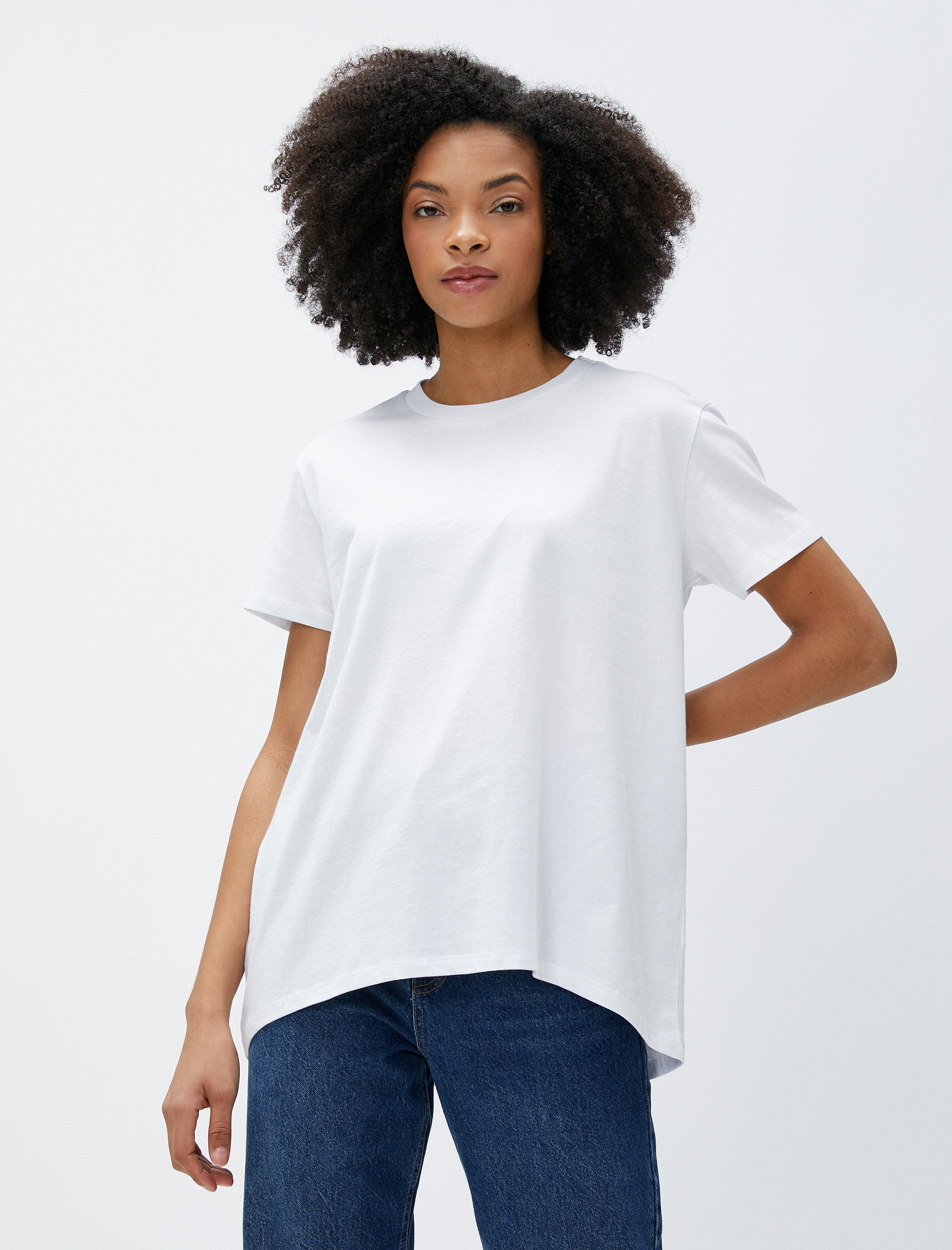   Basic Tişört Kısa Kollu Bisiklet Yaka Asimetrik Kesim