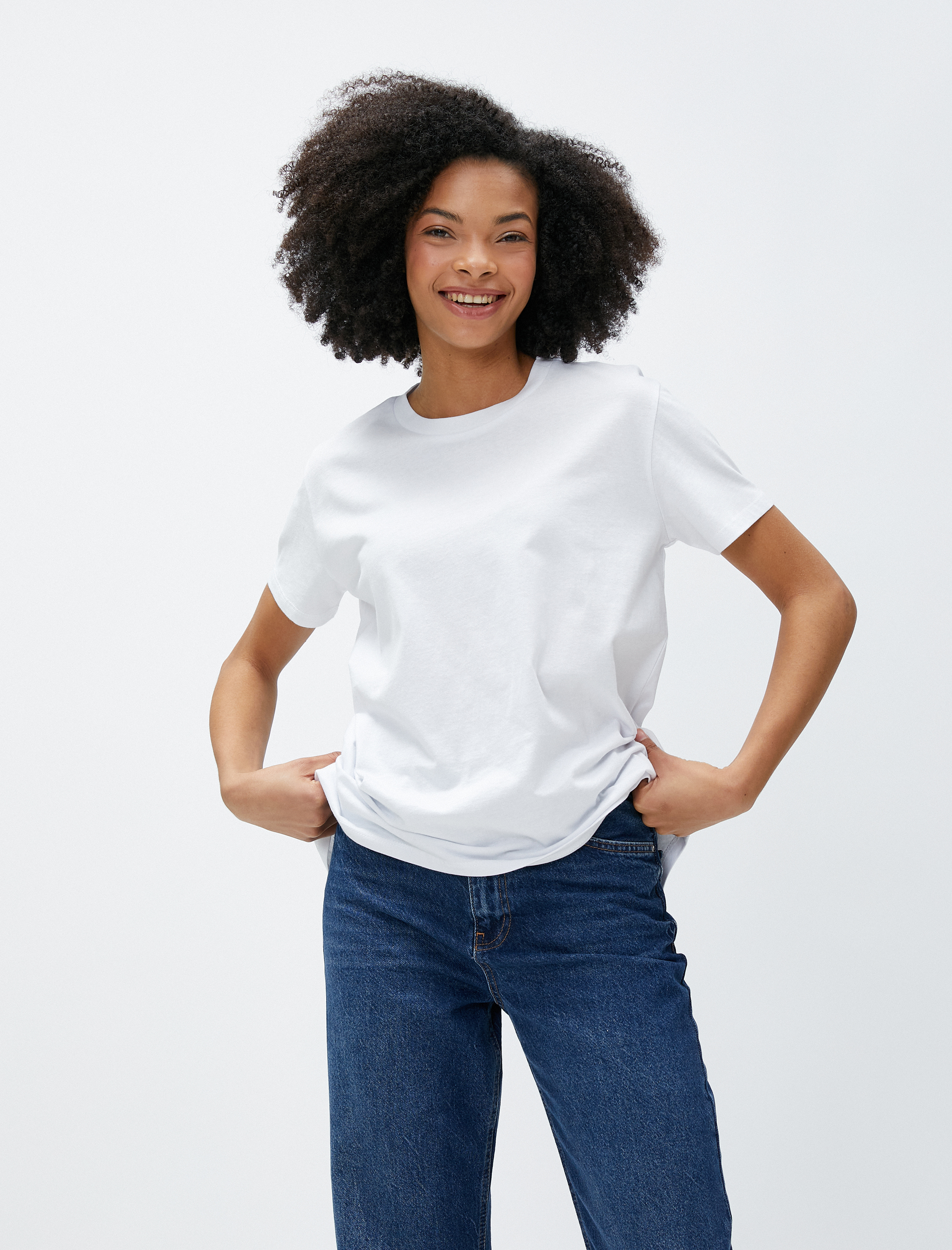   Basic Tişört Kısa Kollu Bisiklet Yaka Asimetrik Kesim