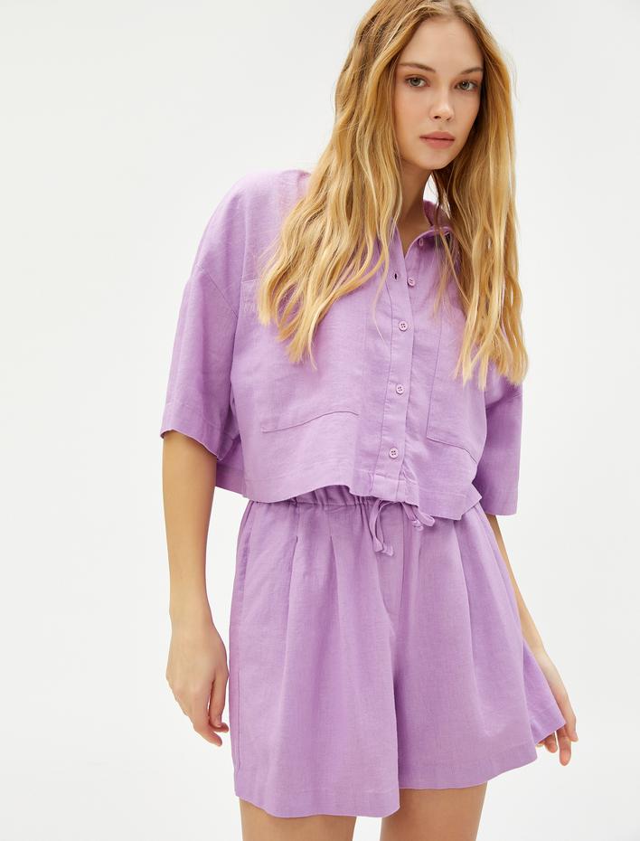  Keten Karışımlı Şort Bel Detaylı