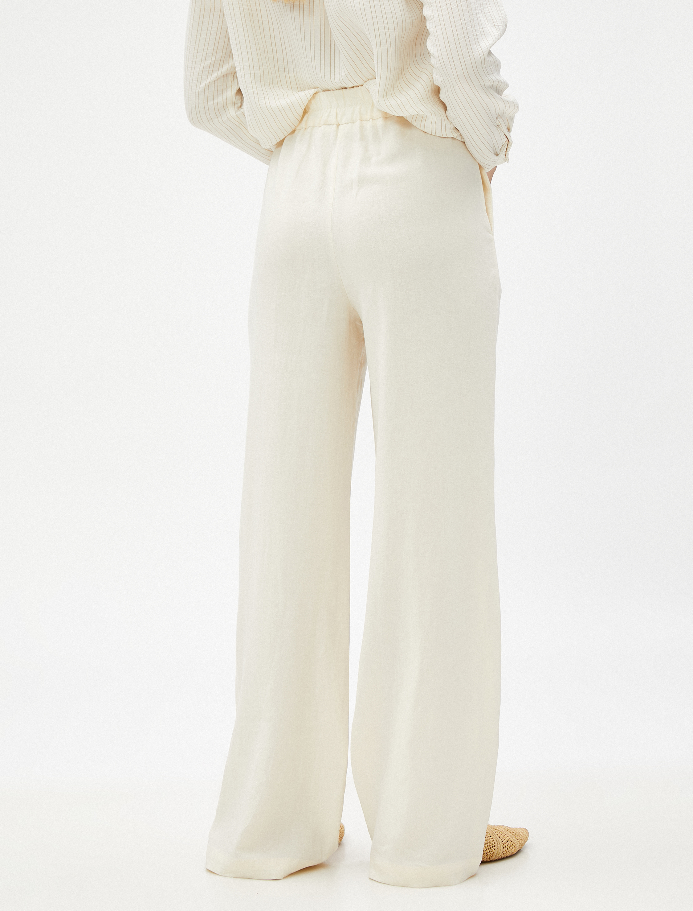 Düz Paça Pantolon Cepli Keten Karışımlı