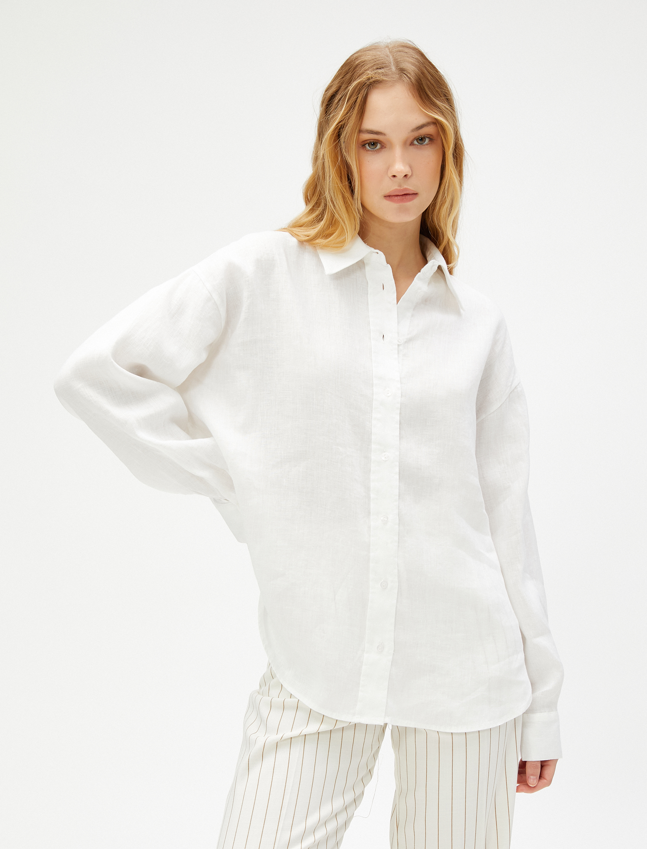   Keten Gömlek Oversize Uzun Kollu Düğmeli