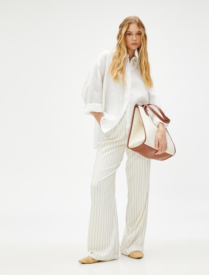  Keten Gömlek Oversize Uzun Kollu Düğmeli