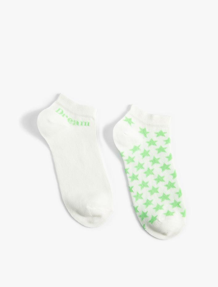 Kadın 2'li Patik Çorap Seti Yıldız Desenli Sloganlı