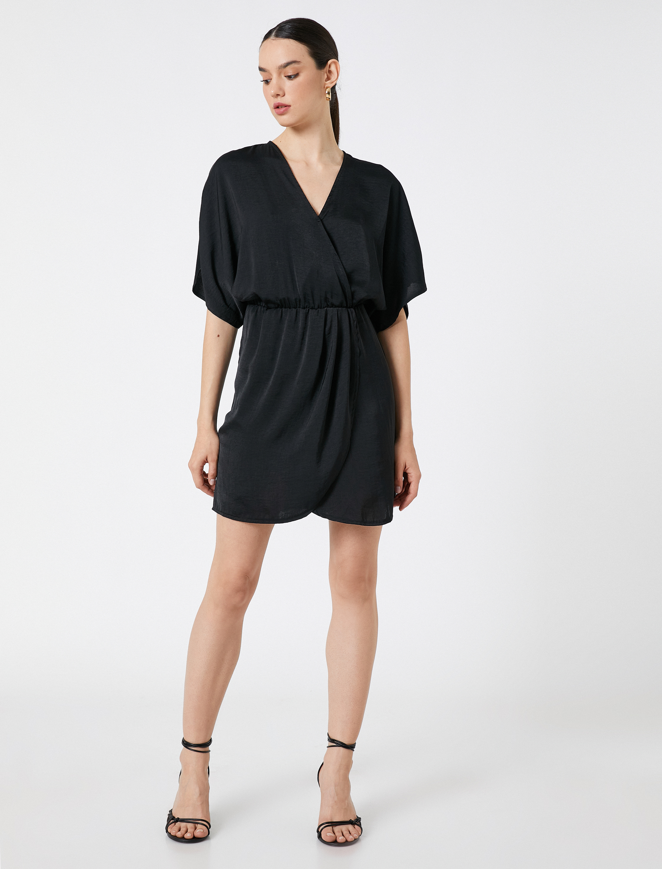   Mini Elbise Anvelop V Yaka Kısa Kollu