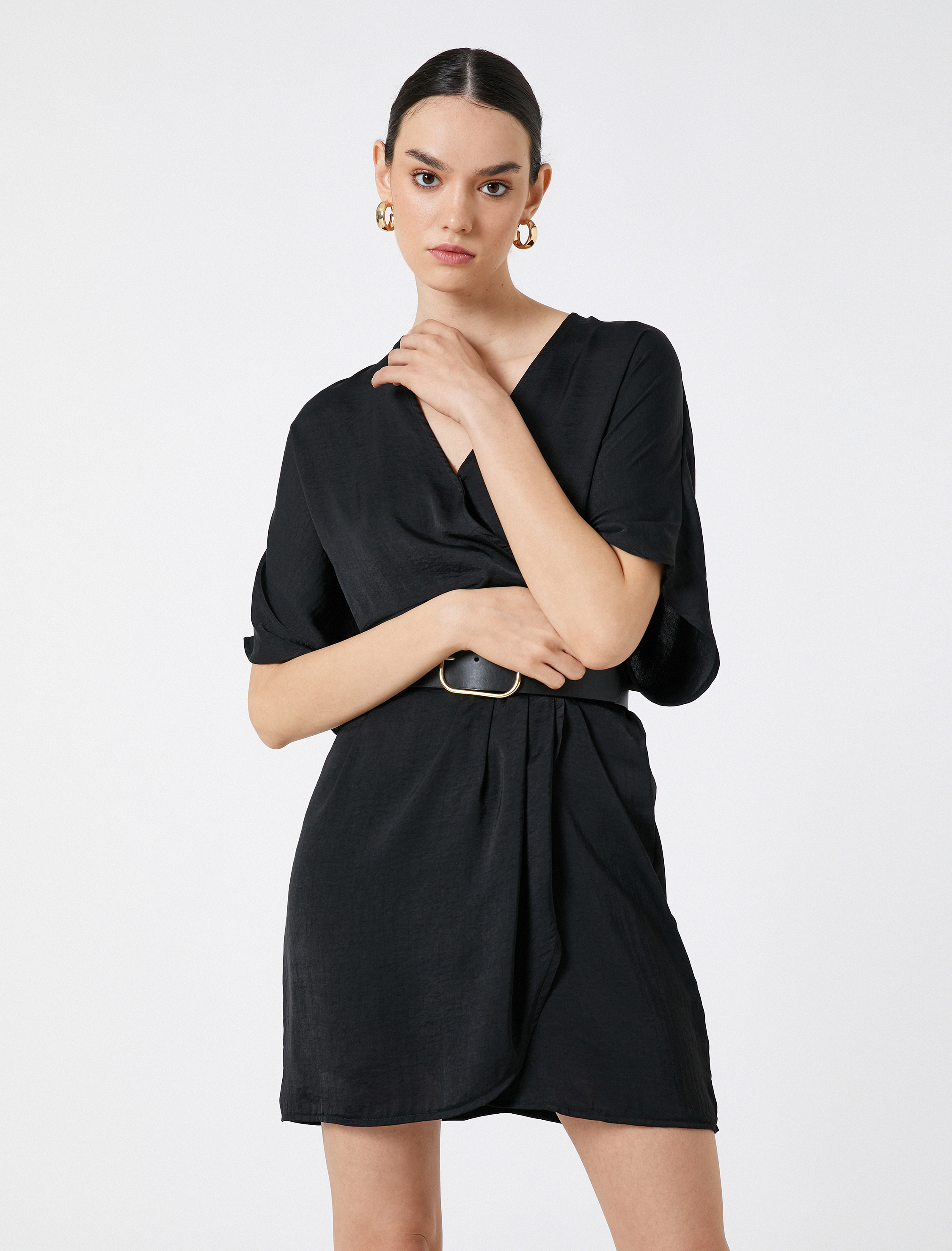   Mini Elbise Anvelop V Yaka Kısa Kollu