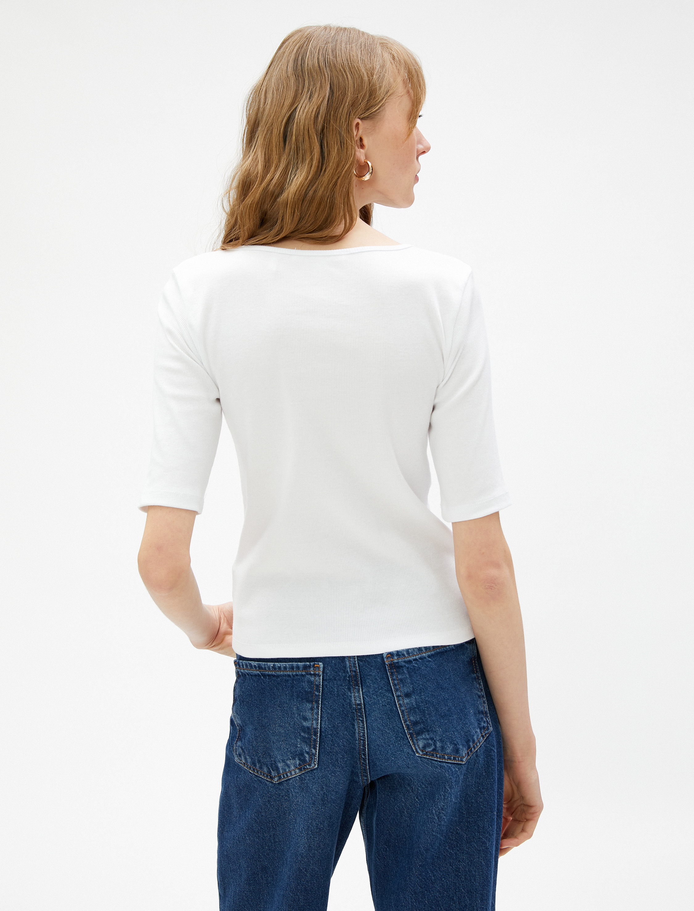   Büzgü Detaylı Tişört V Yaka Kısa Kollu