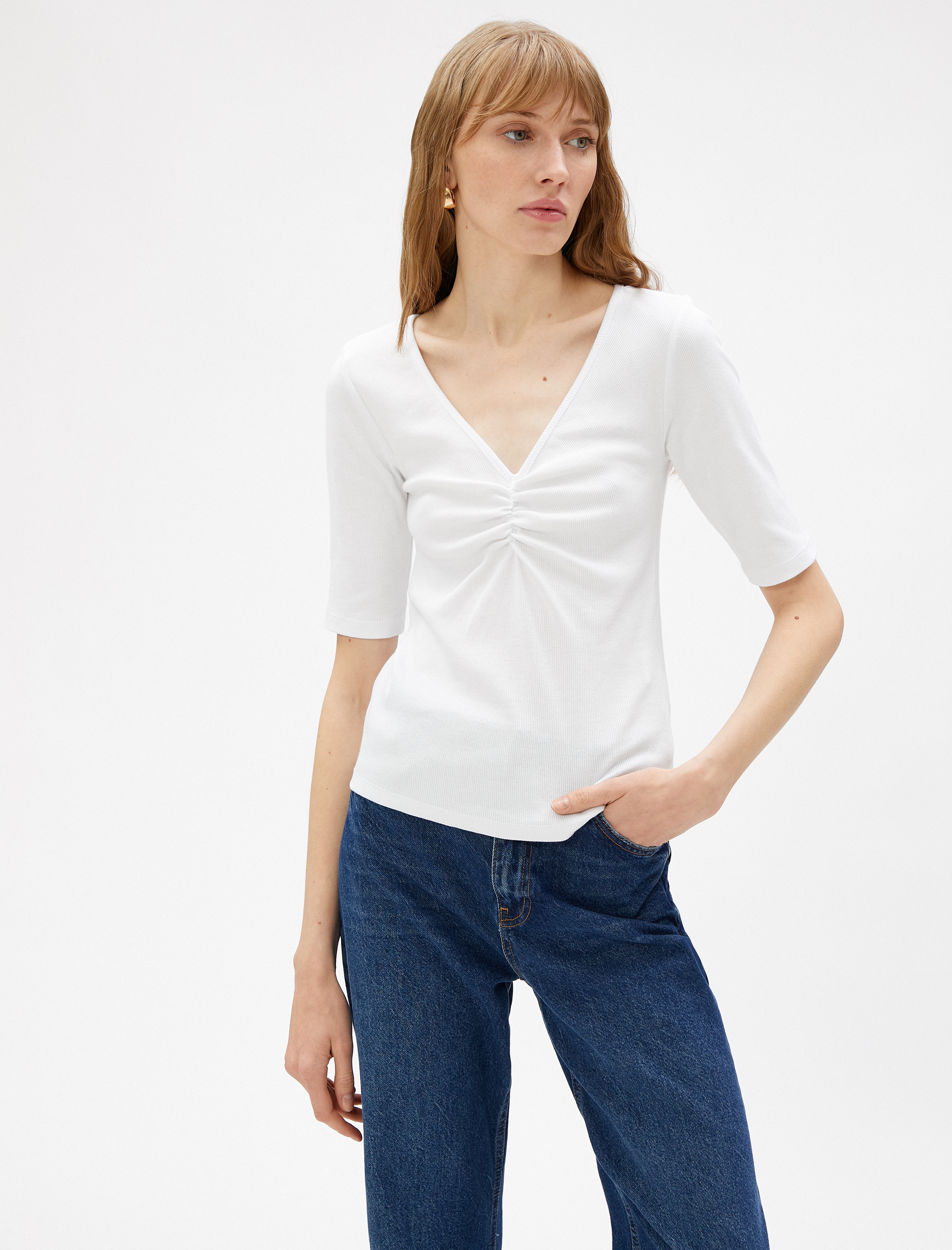   Büzgü Detaylı Tişört V Yaka Kısa Kollu