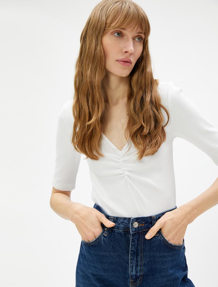  Büzgü Detaylı Tişört V Yaka Kısa Kollu