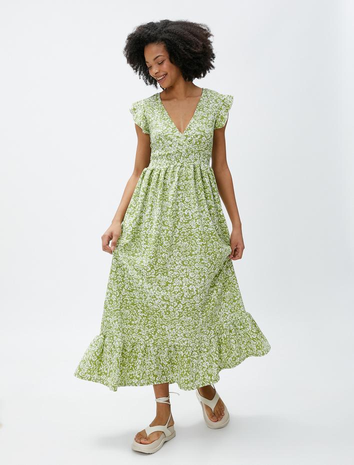  Çiçekli Elbise Uzun V Yaka Fırfırlı Volanlı