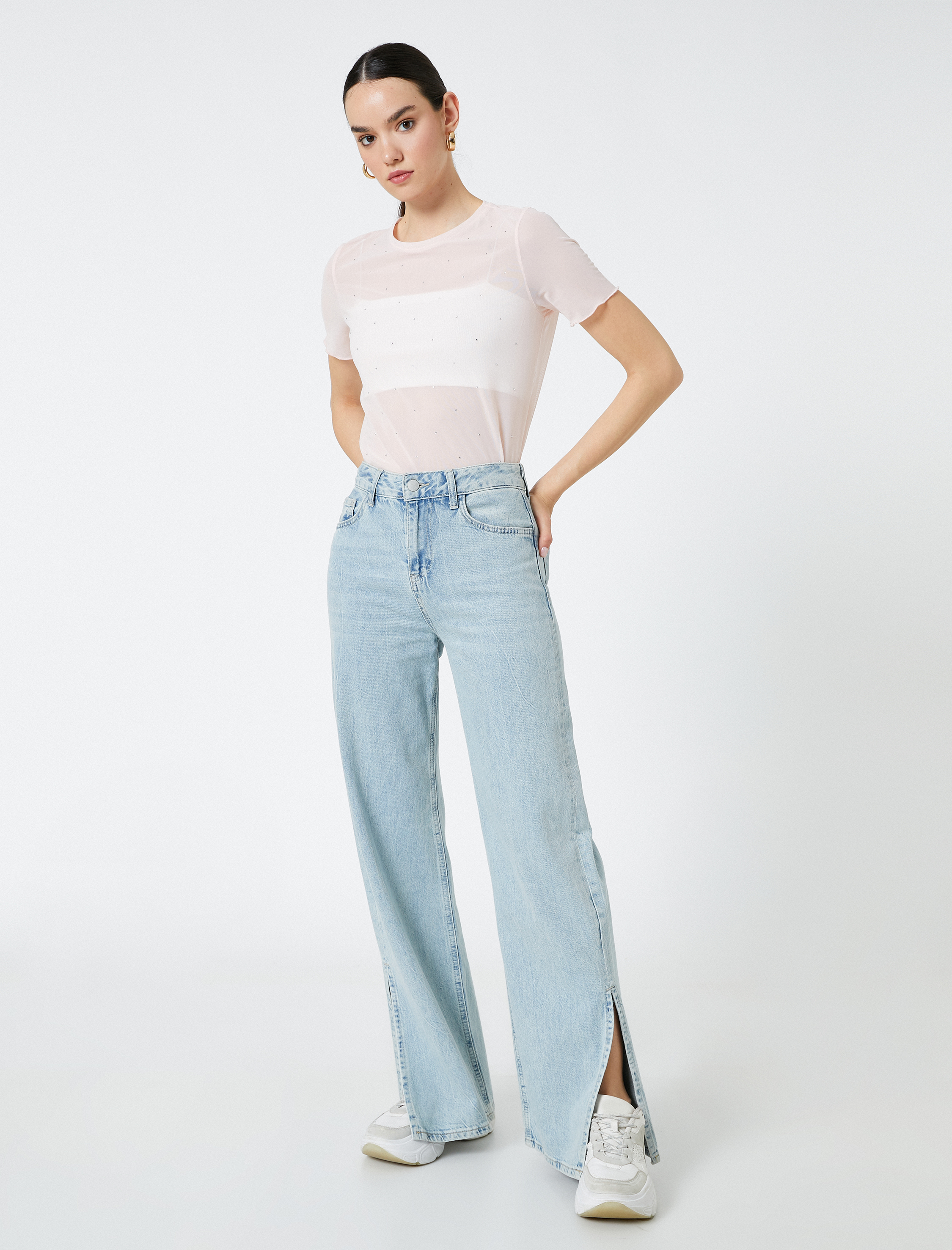   Transparan Tişört Taş Detaylı Kısa Kollu