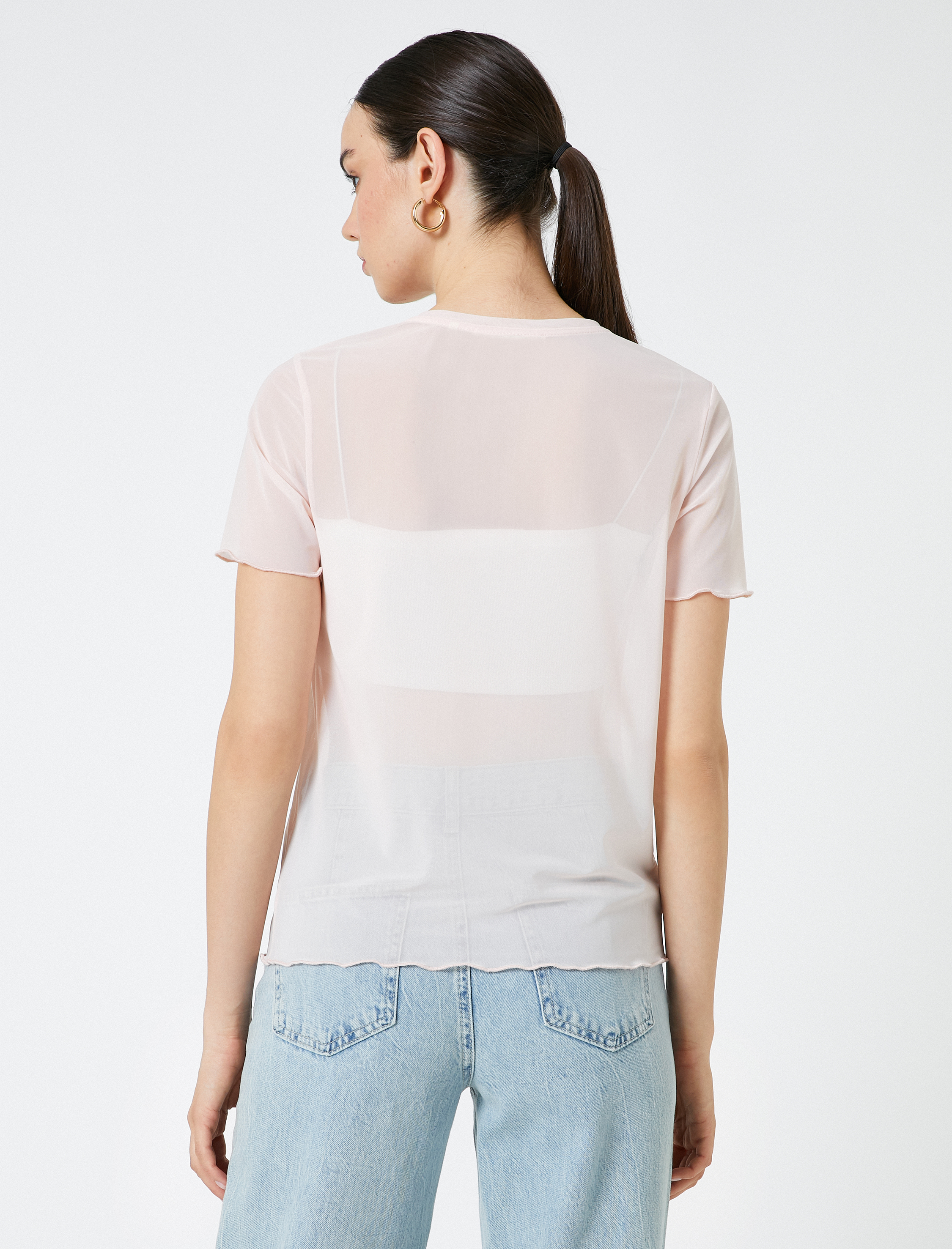   Transparan Tişört Taş Detaylı Kısa Kollu