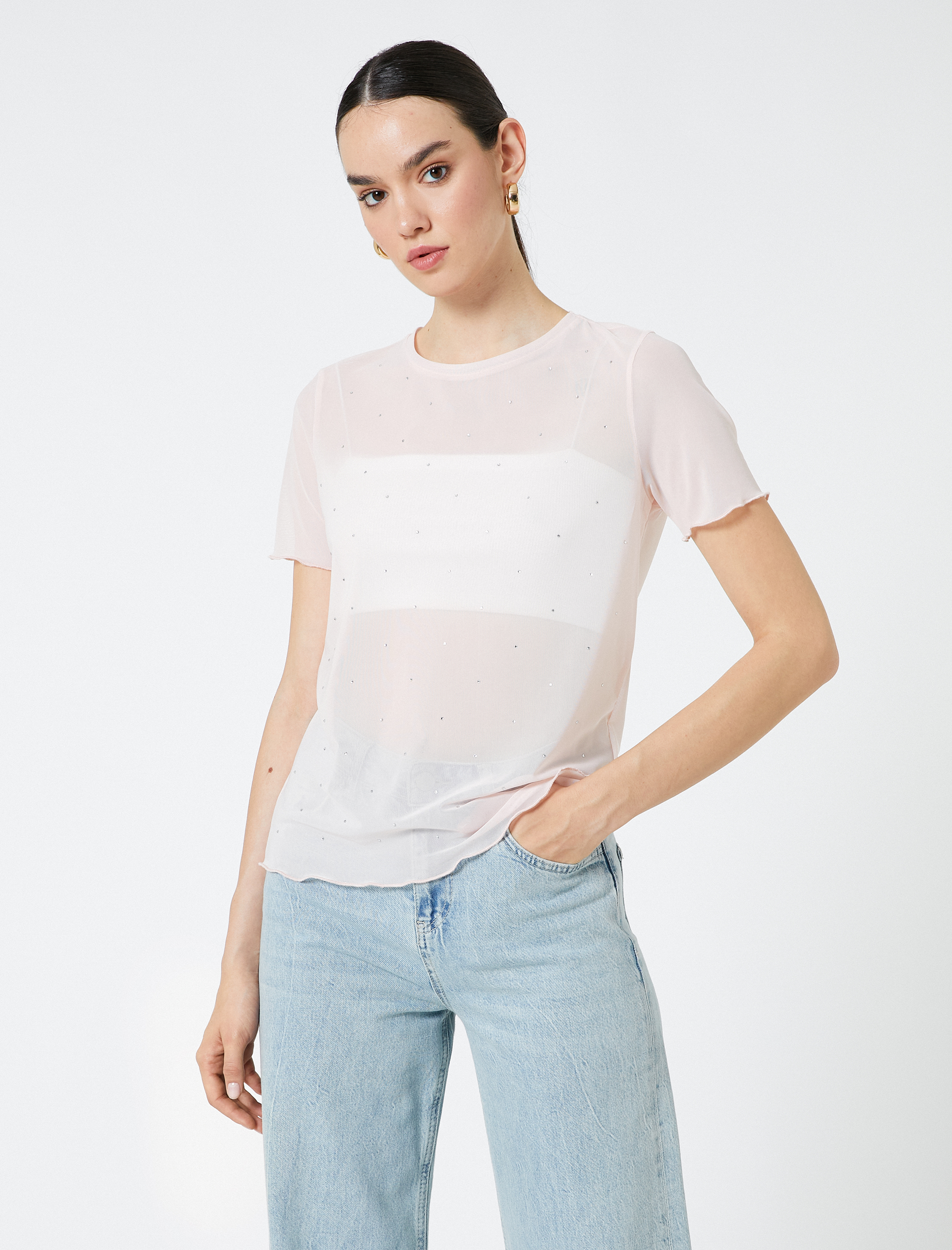   Transparan Tişört Taş Detaylı Kısa Kollu