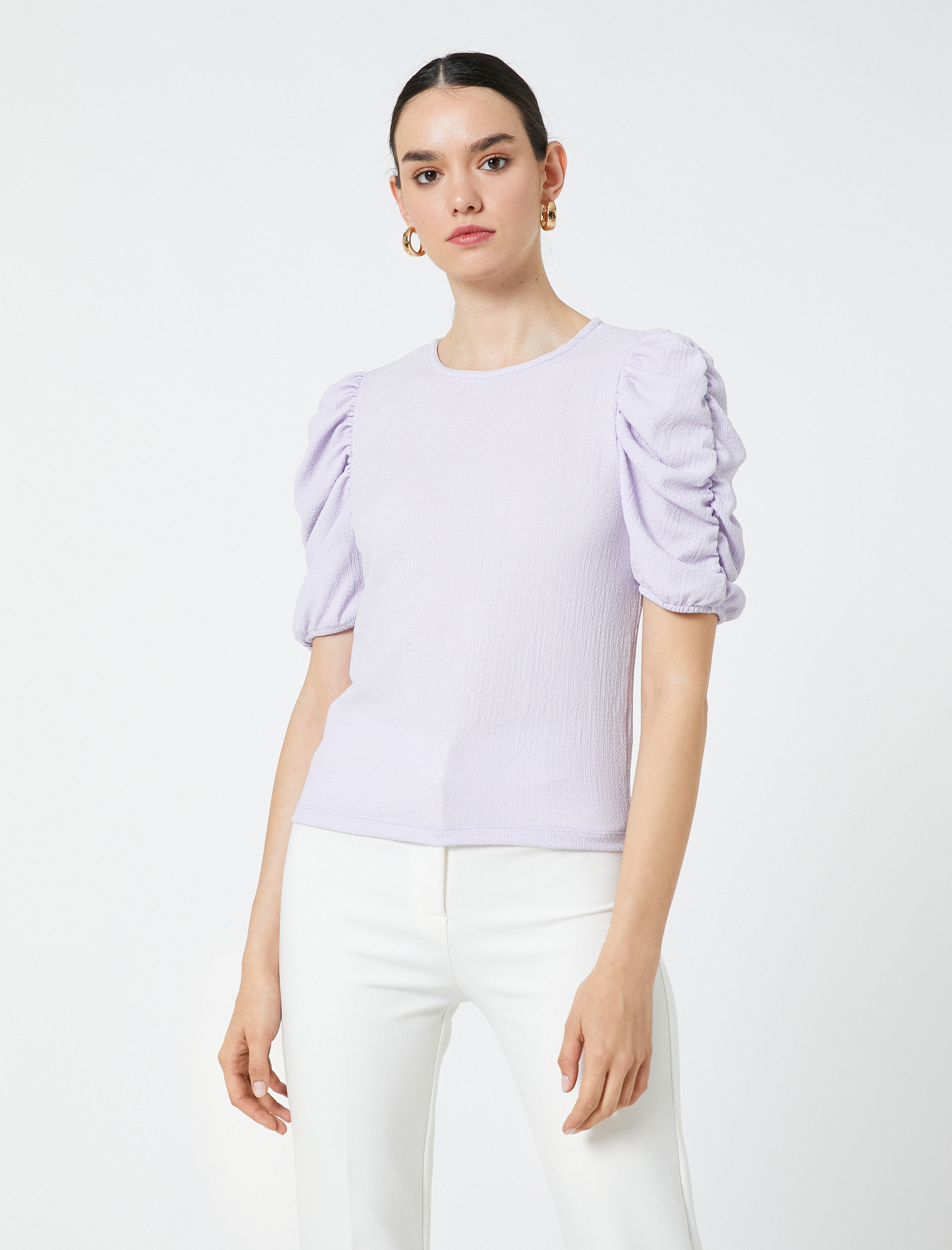   Kolları Büzgülü Tişört Bisiklet Yaka