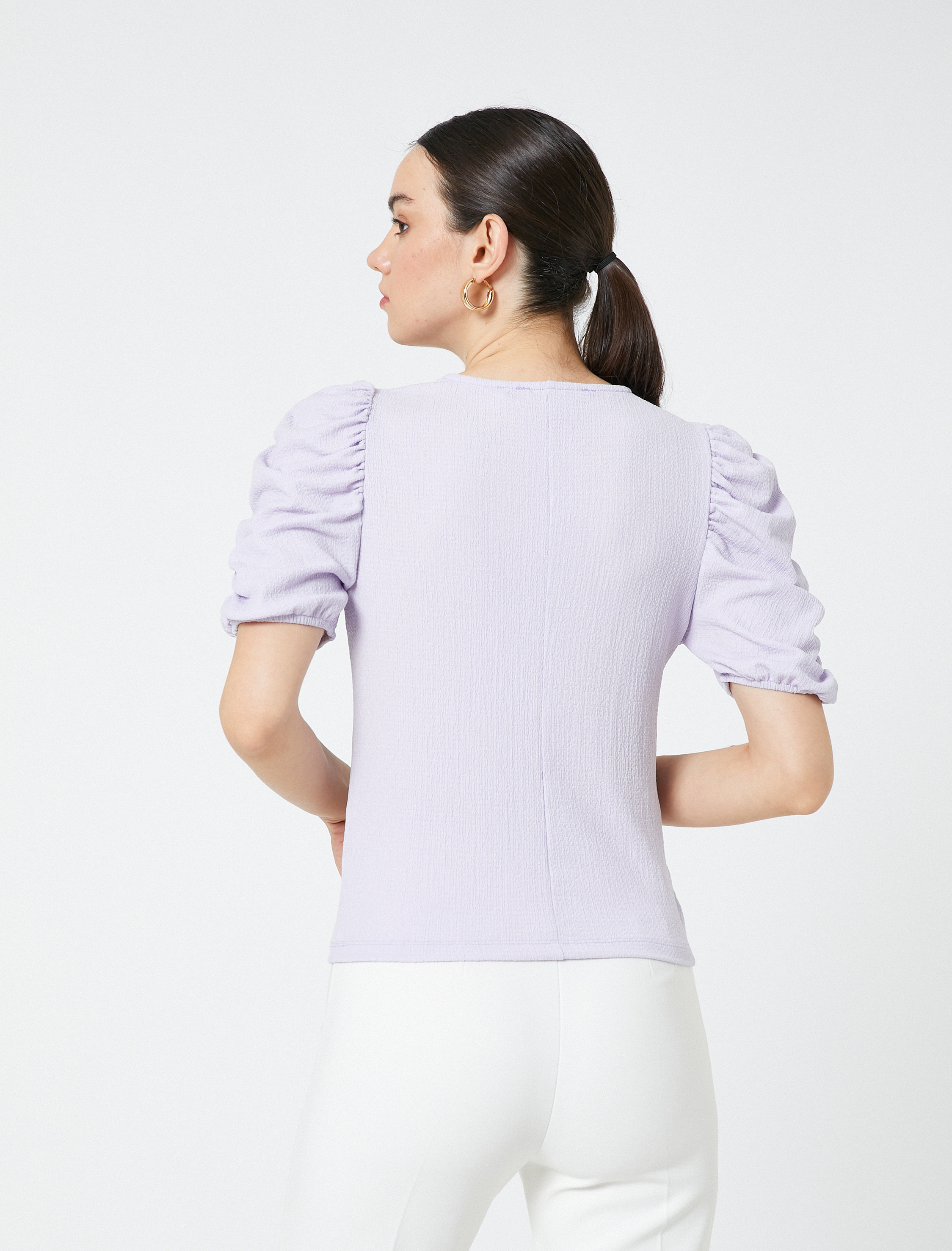   Kolları Büzgülü Tişört Bisiklet Yaka