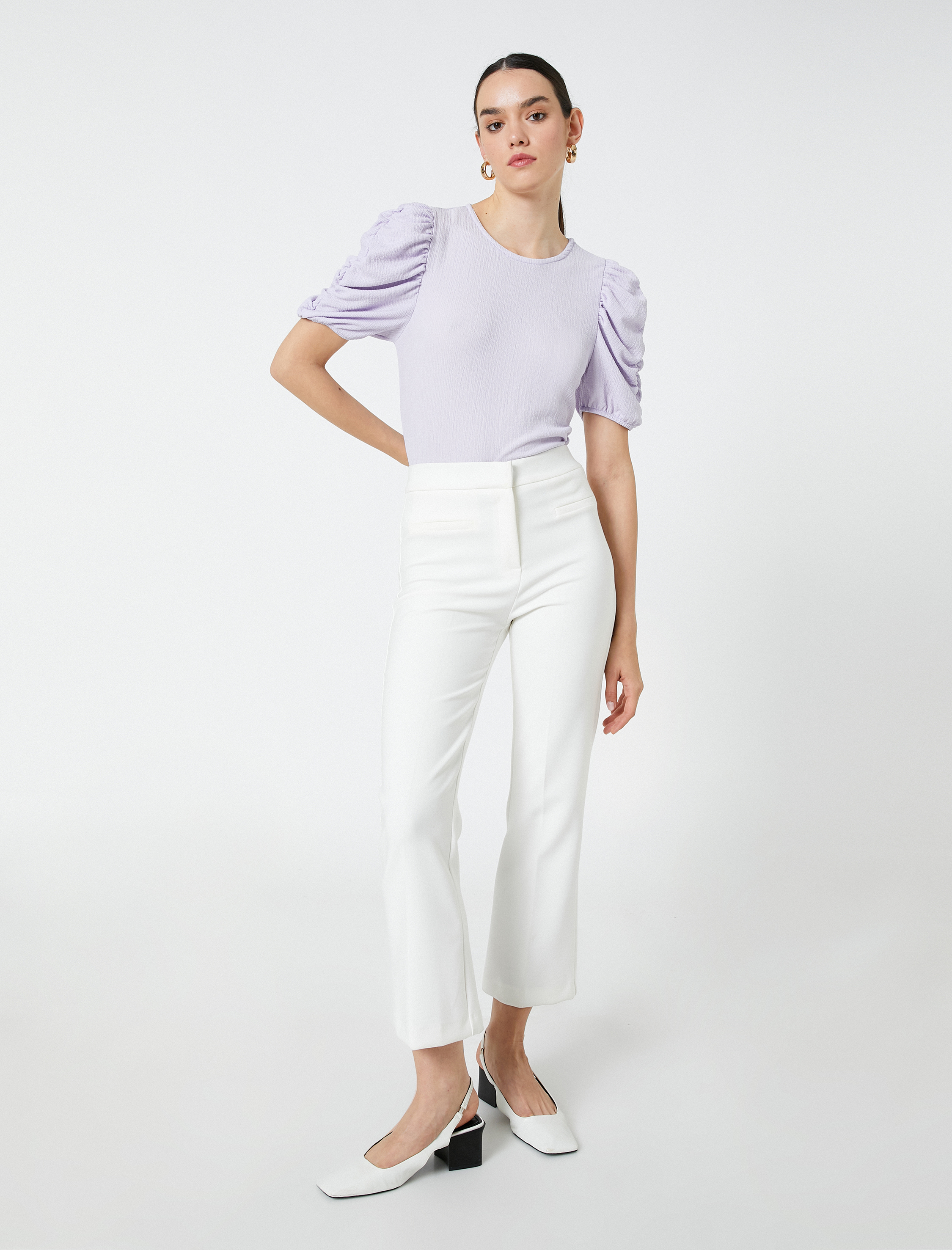   Kolları Büzgülü Tişört Bisiklet Yaka