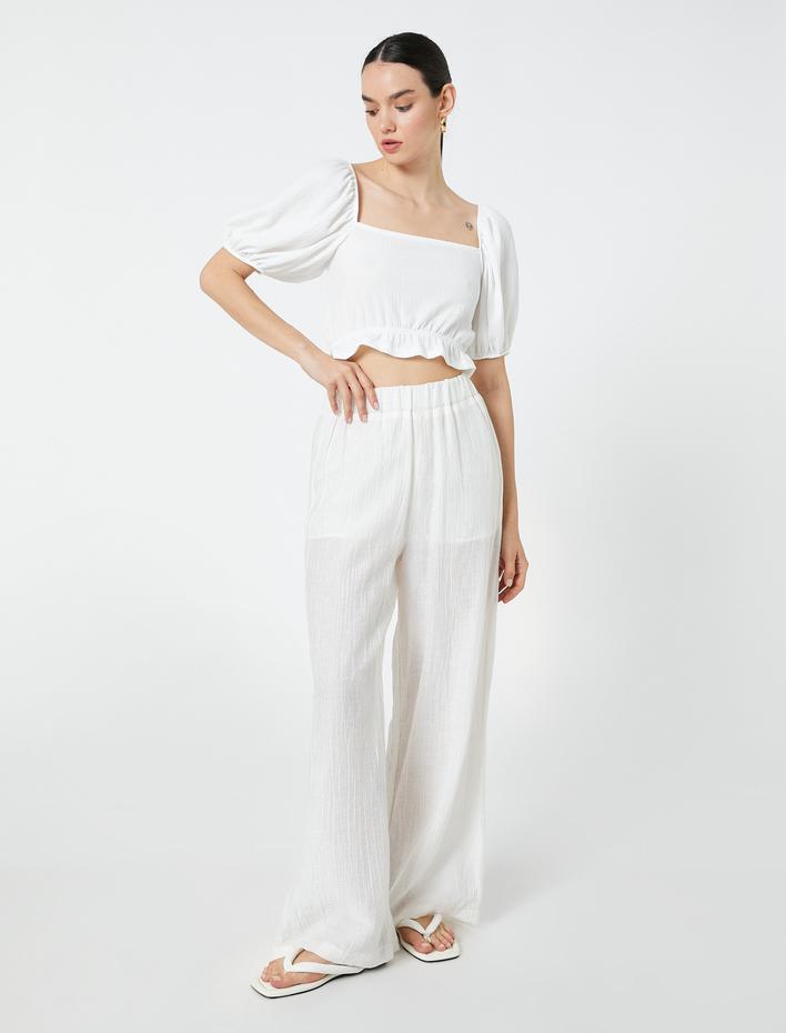  Crop Bluz Balon Kollu Kare Yaka Fırfırlı