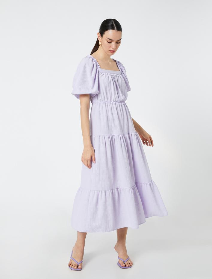  Midi Balon Kol Elbise Katlı Kare Yaka