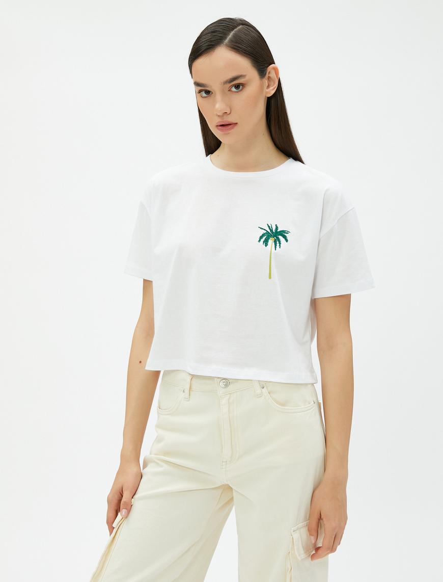   Palmiye İşlemeli Crop Tişört