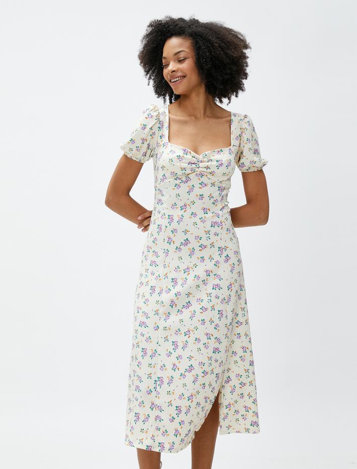  Çiçekli Elbise Midi Kalp Yaka Balon Kollu Yırtmaçlı Bürümcük