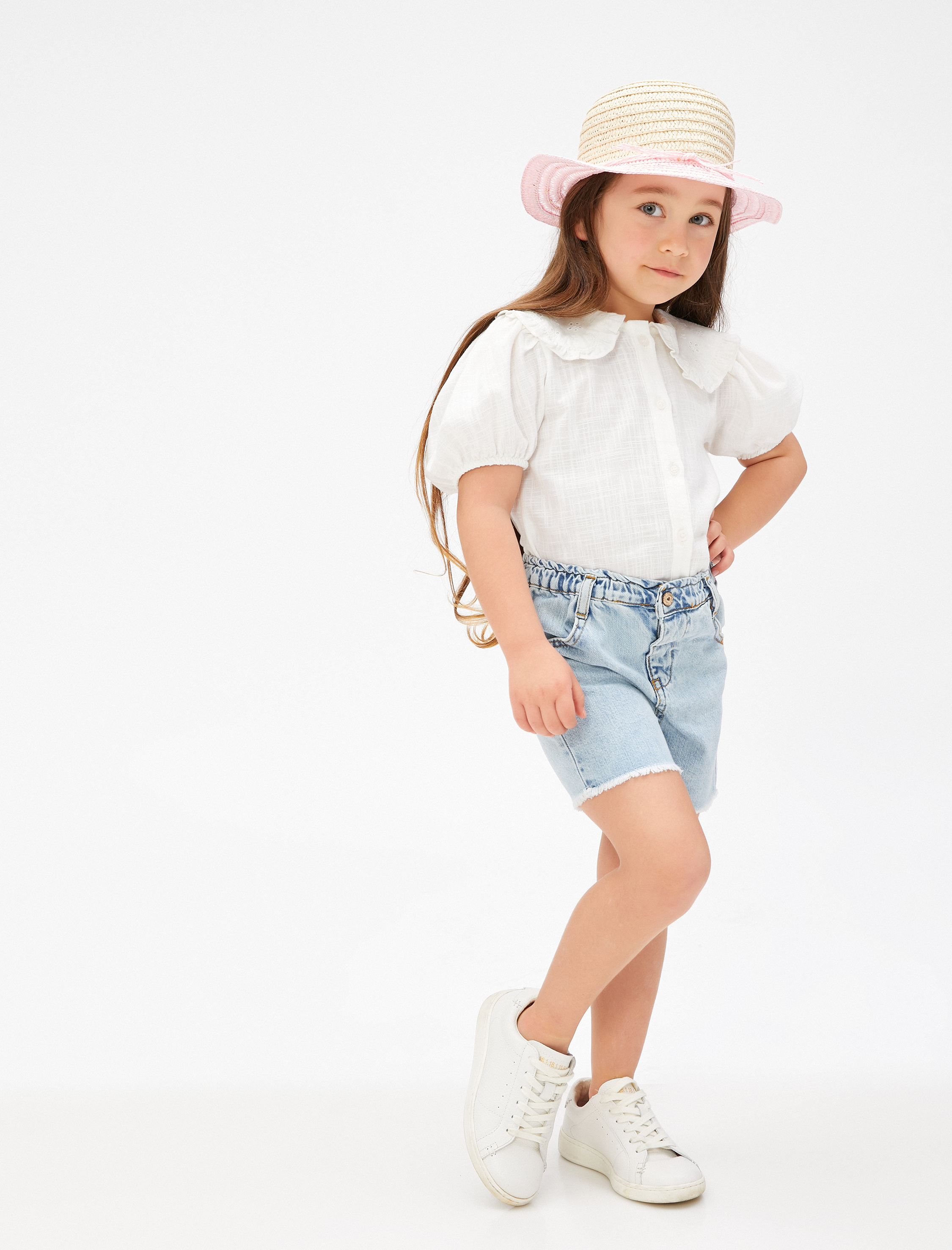  Kız Bebek Gömlek Crop Bebe Yaka Kısa Balon Kollu Beli Lastikli