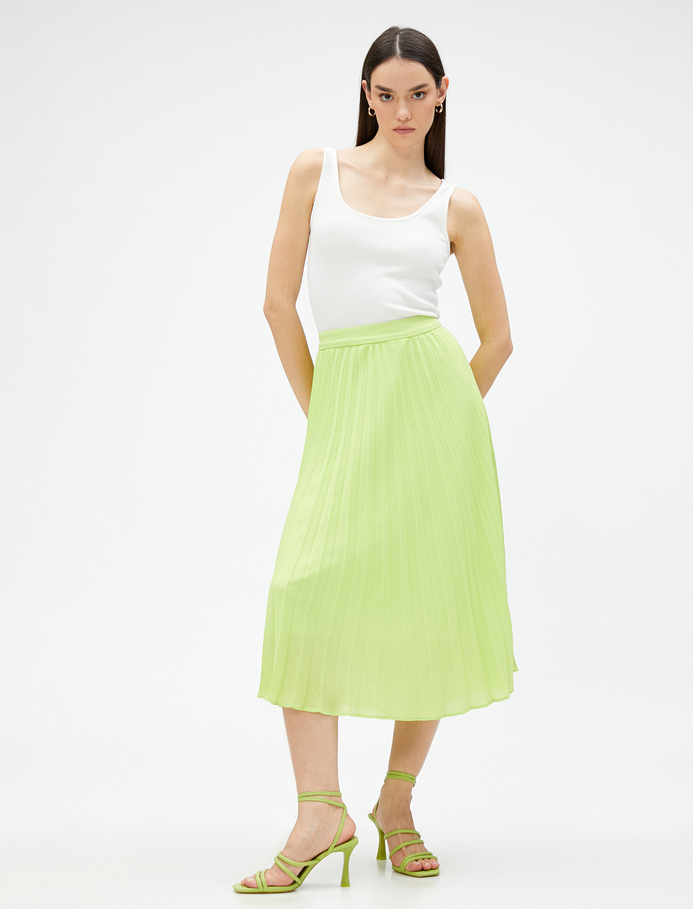   Pileli Etek Midi Boy Şifon Beli Lastikli