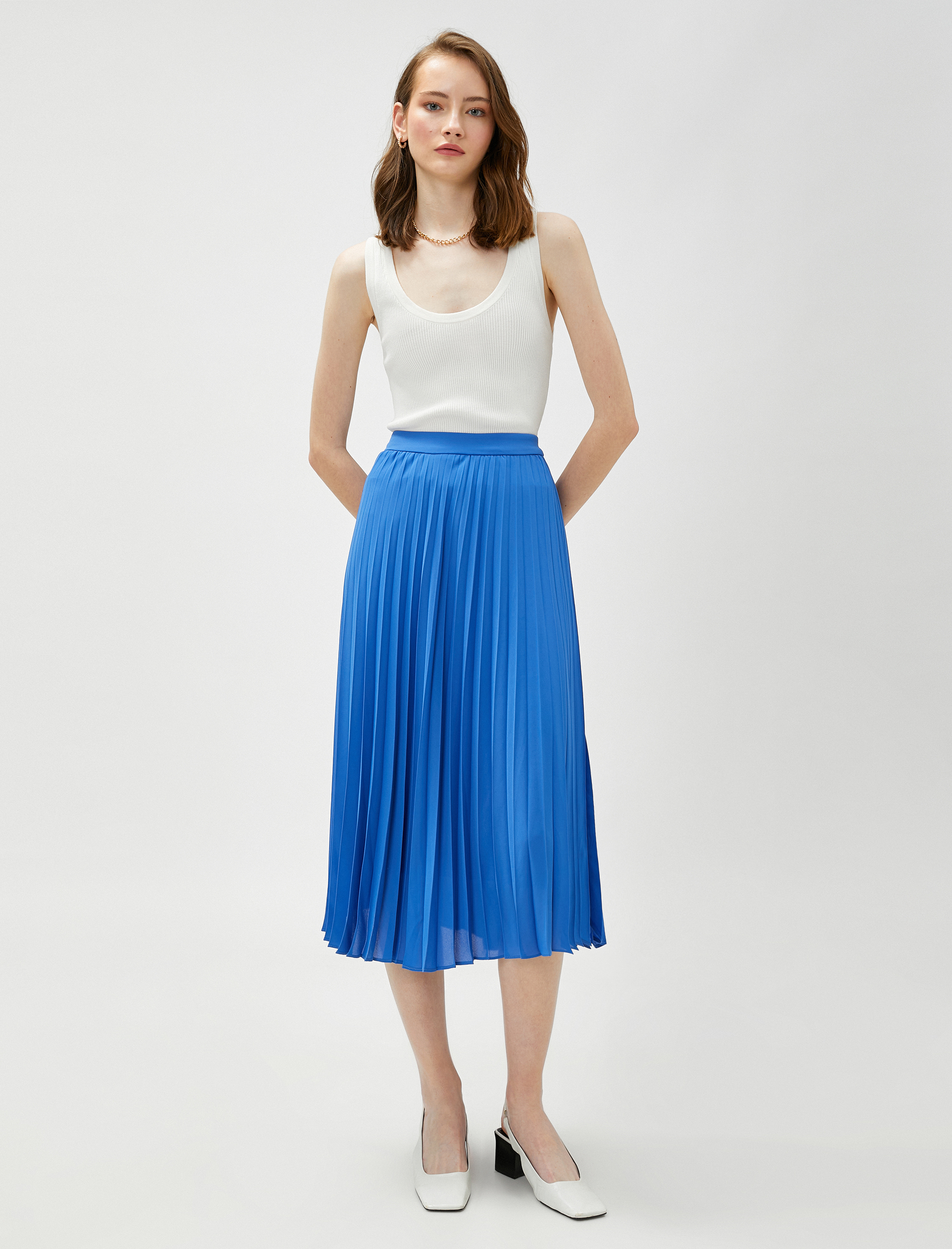   Pileli Etek Midi Boy Şifon Beli Lastikli