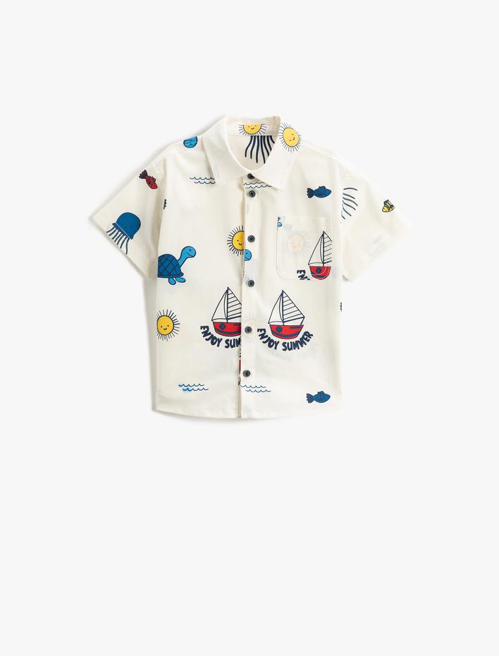 Erkek Bebek Gömlek Grafik Kaplumbağa Baskılı Kısa Kollu Cepli Pamuklu