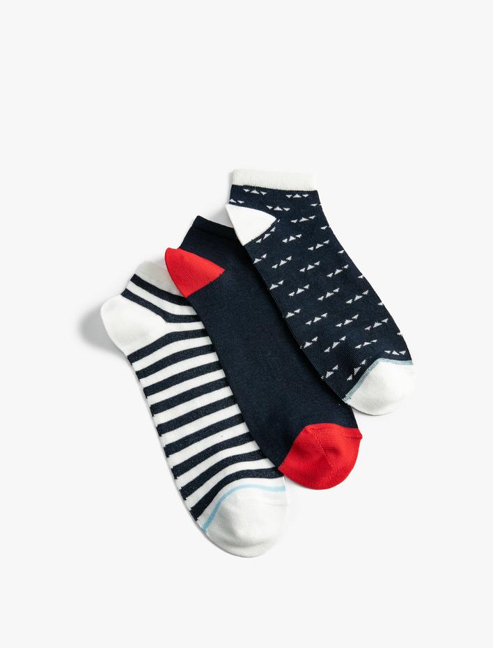 Erkek Çizgili 3'lü Patik Çorap Seti Renk Bloklu Pamuklu